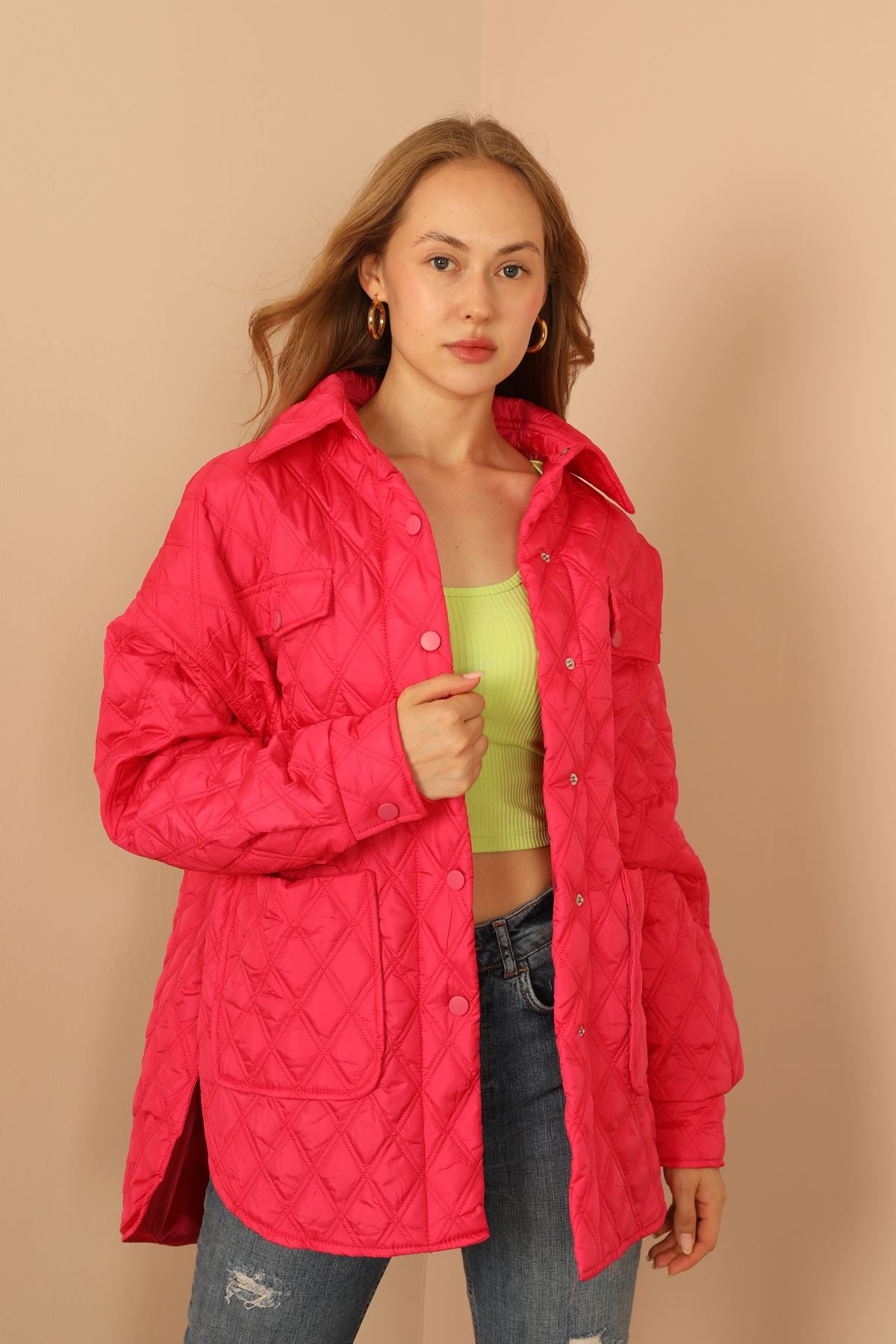 Quilted Fabric Double Stitch Pattern Women's Coat-Fuchsia - STREETMODE ™