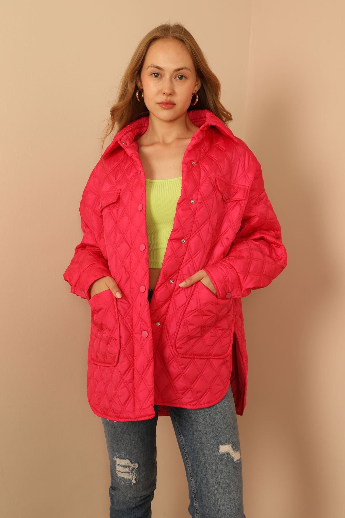 Quilted Fabric Double Stitch Pattern Women's Coat-Fuchsia - STREETMODE ™