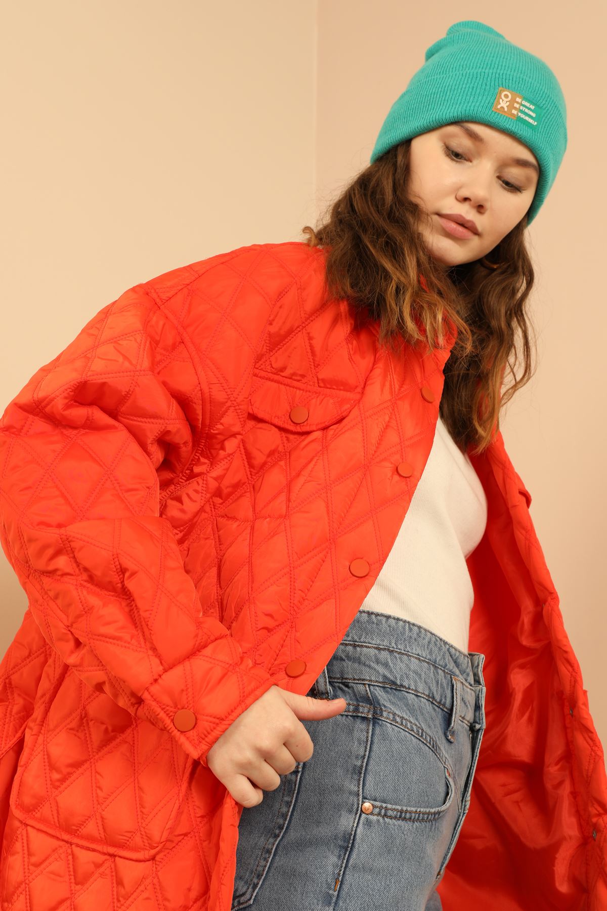 Quilted Fabric Double Stitch Pattern Women's Coat-Orange - STREETMODE ™