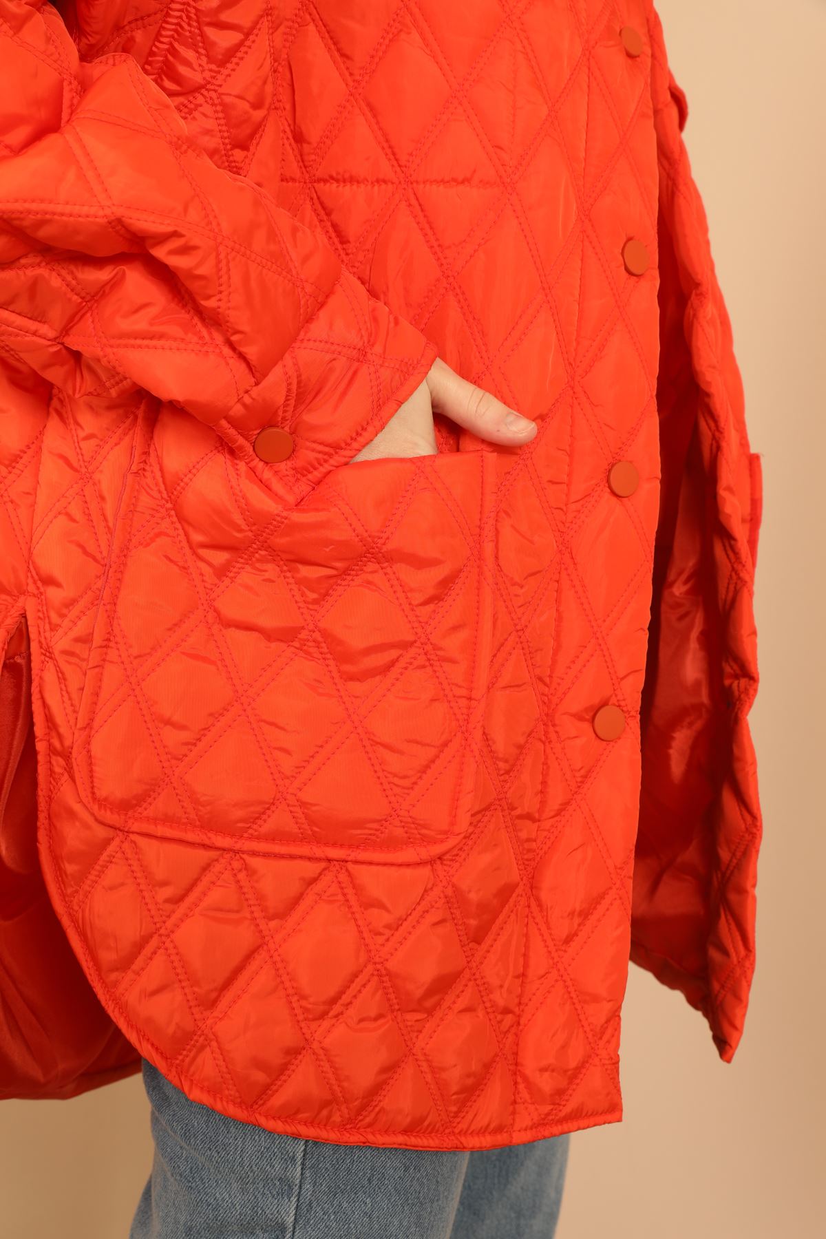Quilted Fabric Double Stitch Pattern Women's Coat-Orange - STREETMODE ™