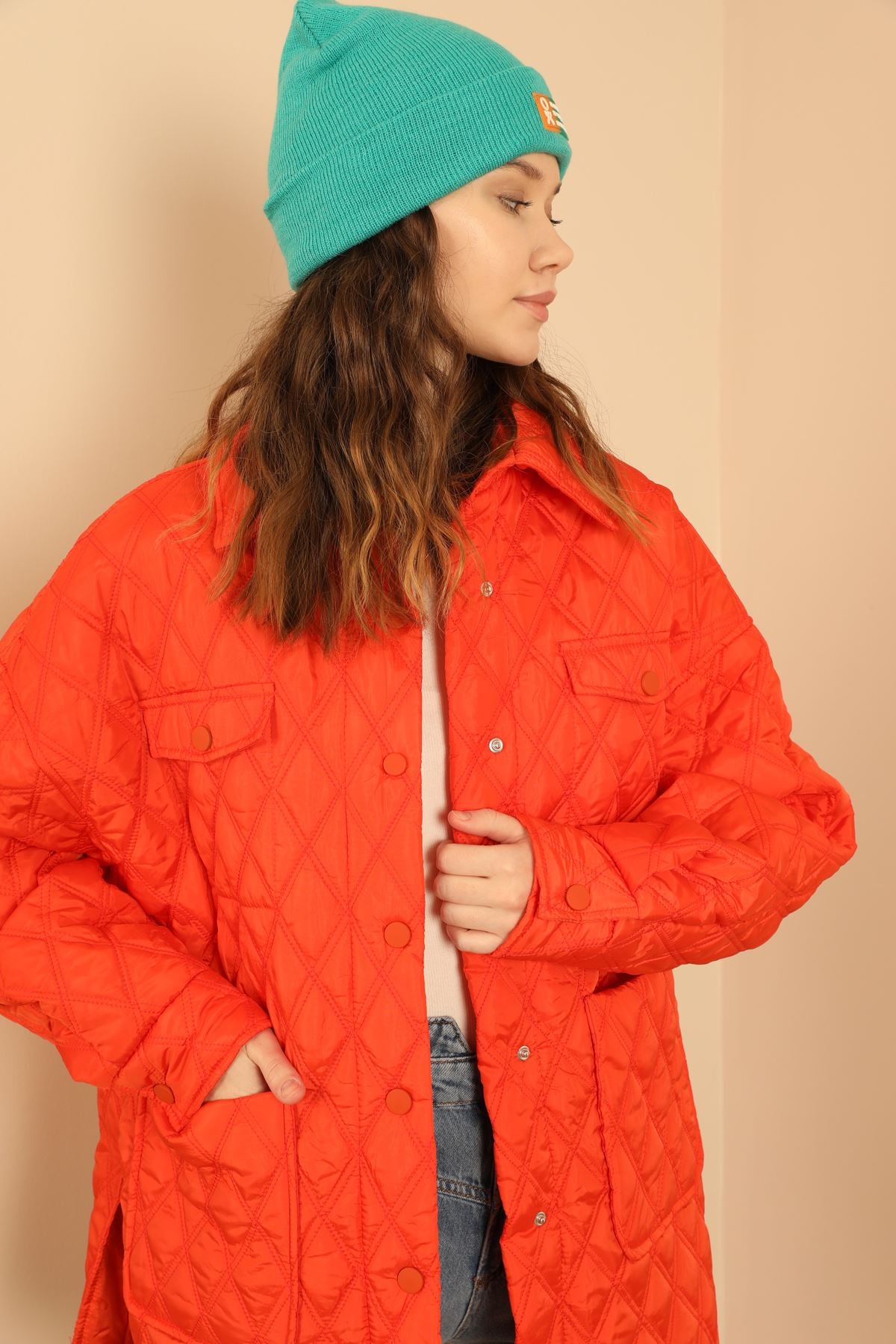Quilted Fabric Double Stitch Pattern Women's Coat-Orange - STREETMODE ™