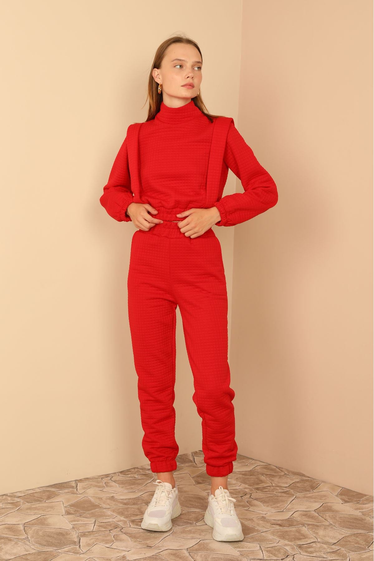 Quilted Fabric Turtleneck Shoulder Detail Women's Suit-Red - STREETMODE ™