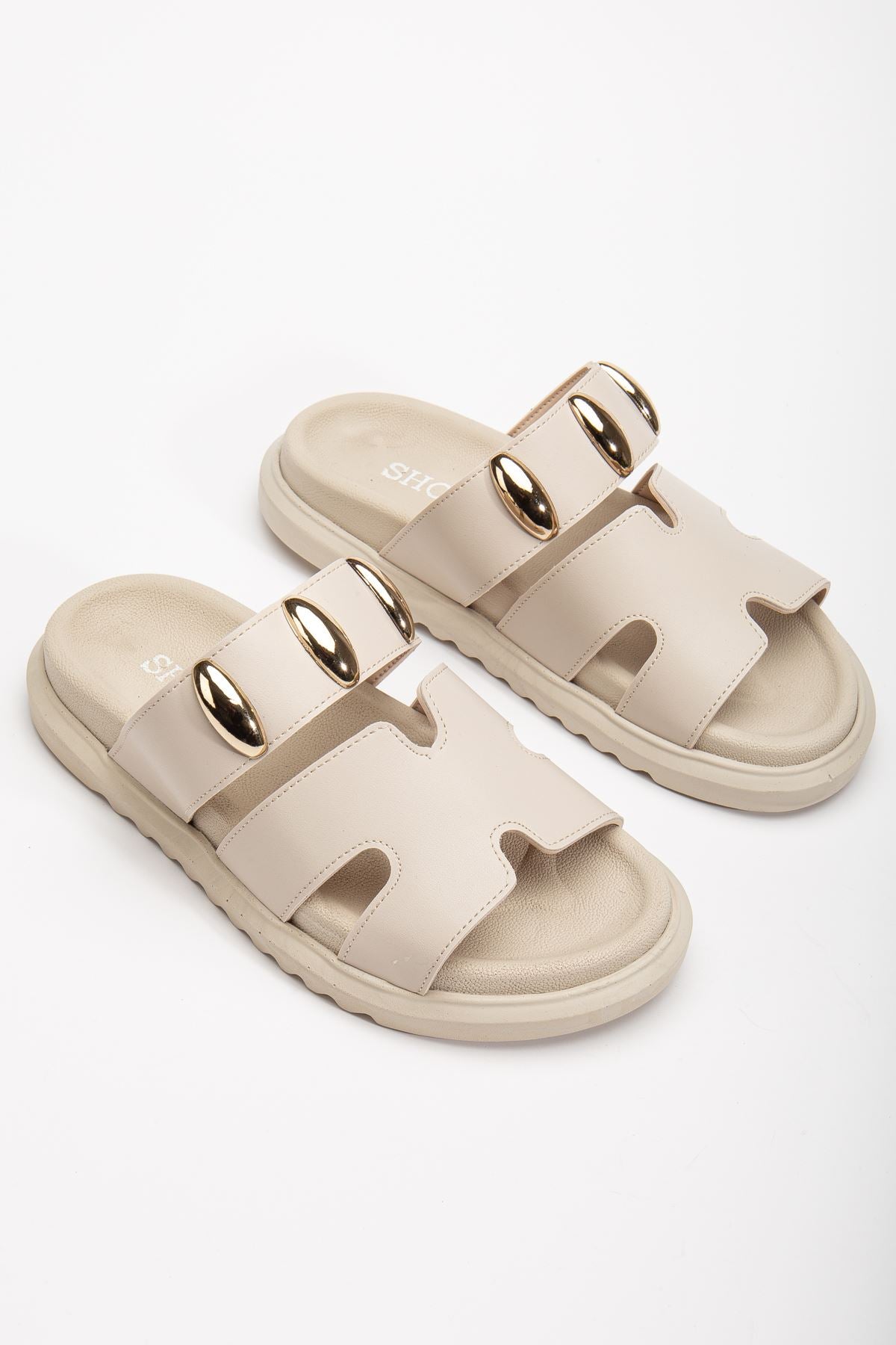 Women's Soft-Soled Buckle Detailed Casual Beige Slippers - STREETMODE ™