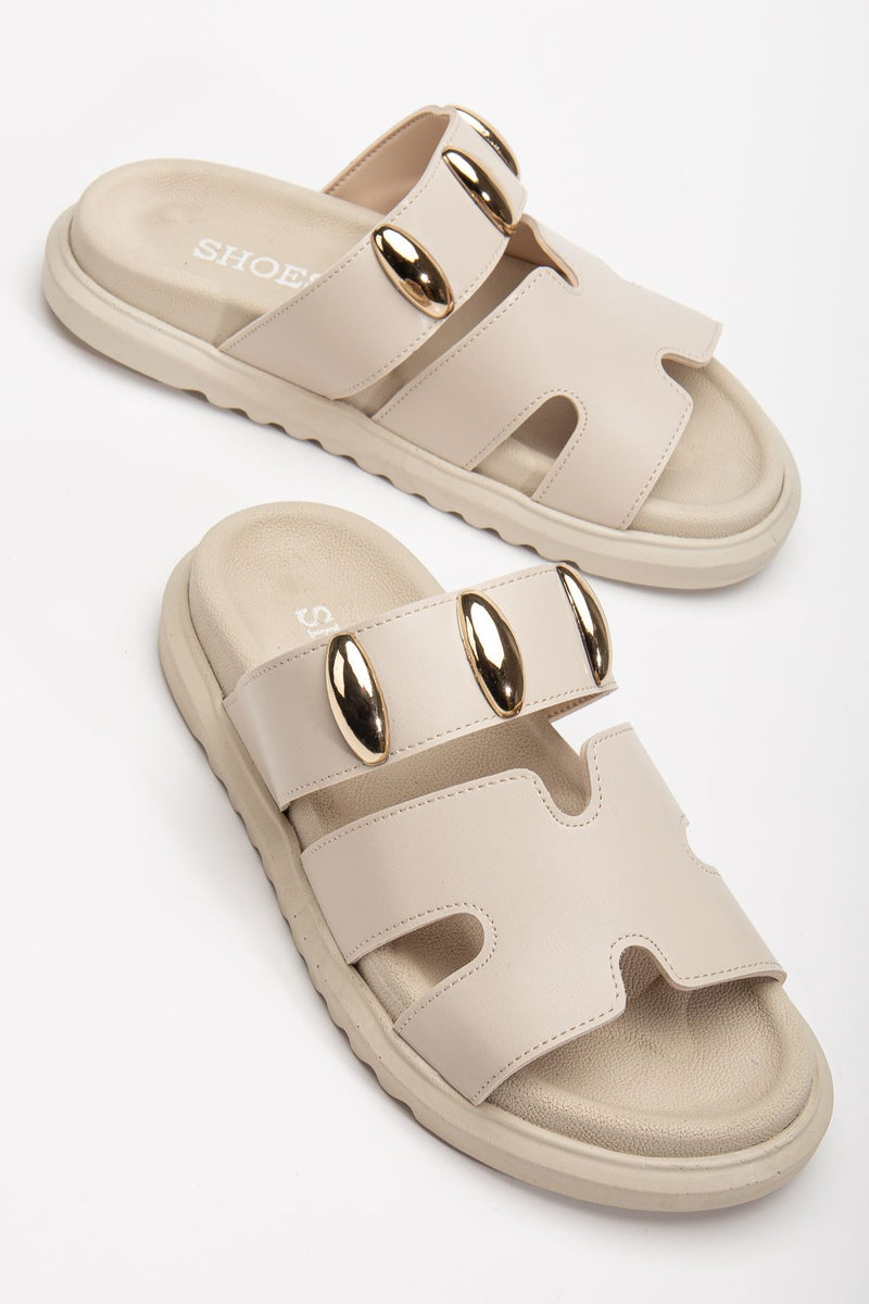 Women's Soft-Soled Buckle Detailed Casual Beige Slippers - STREETMODE ™