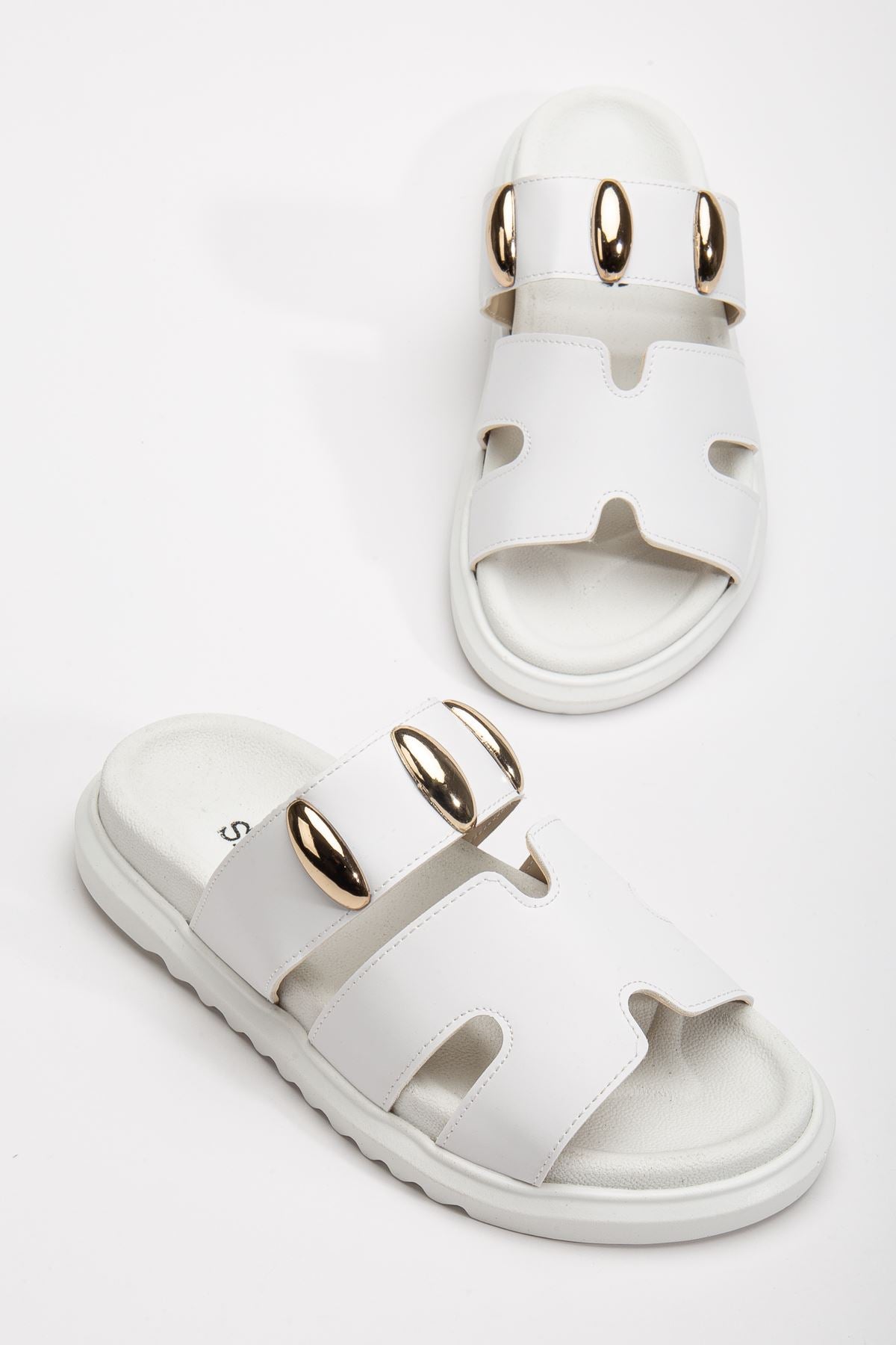 Women's Soft-Soled Buckle Detailed Casual White Slippers - STREETMODE ™