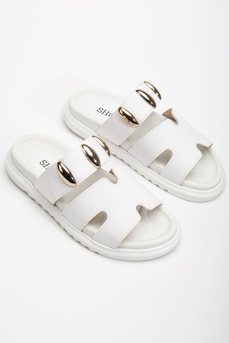 Women's Soft-Soled Buckle Detailed Casual White Slippers - STREETMODE ™