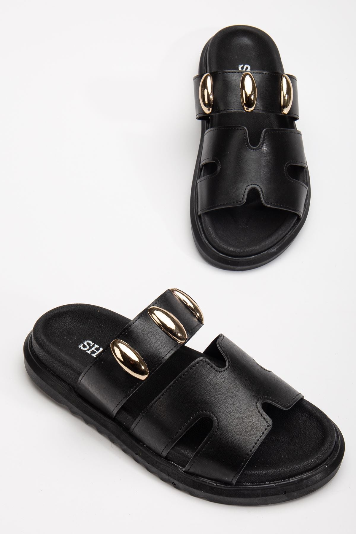 Women's Soft-Soled Buckle Detailed Casual Black Slippers - STREETMODE ™