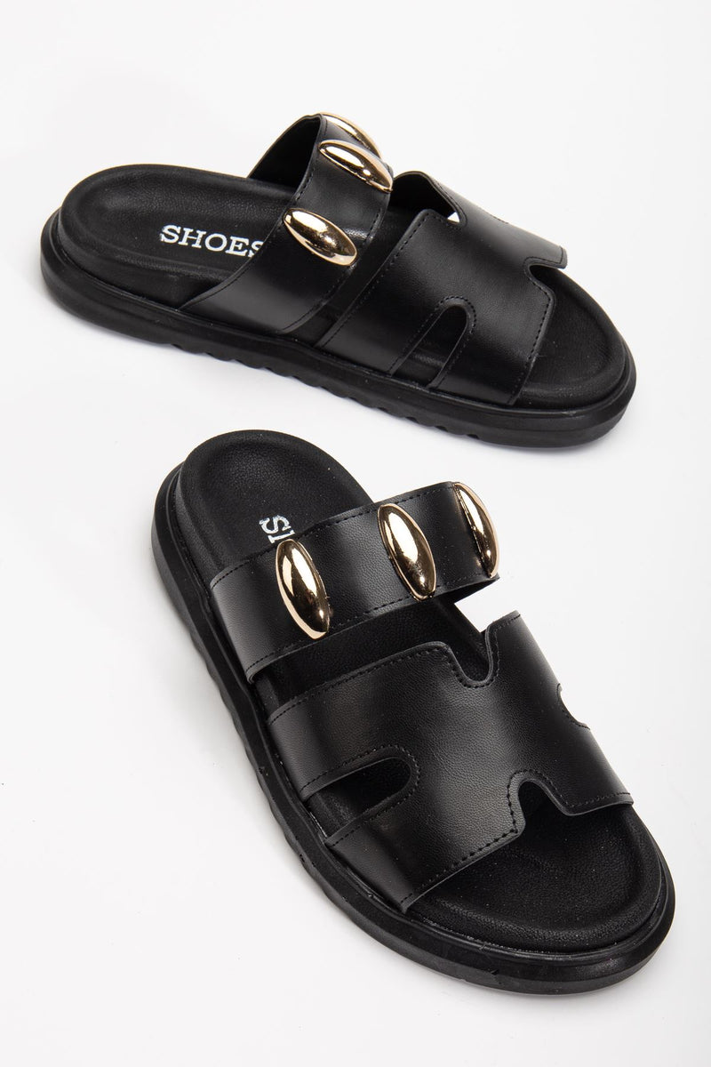 Women's Soft-Soled Buckle Detailed Casual Black Slippers - STREETMODE ™