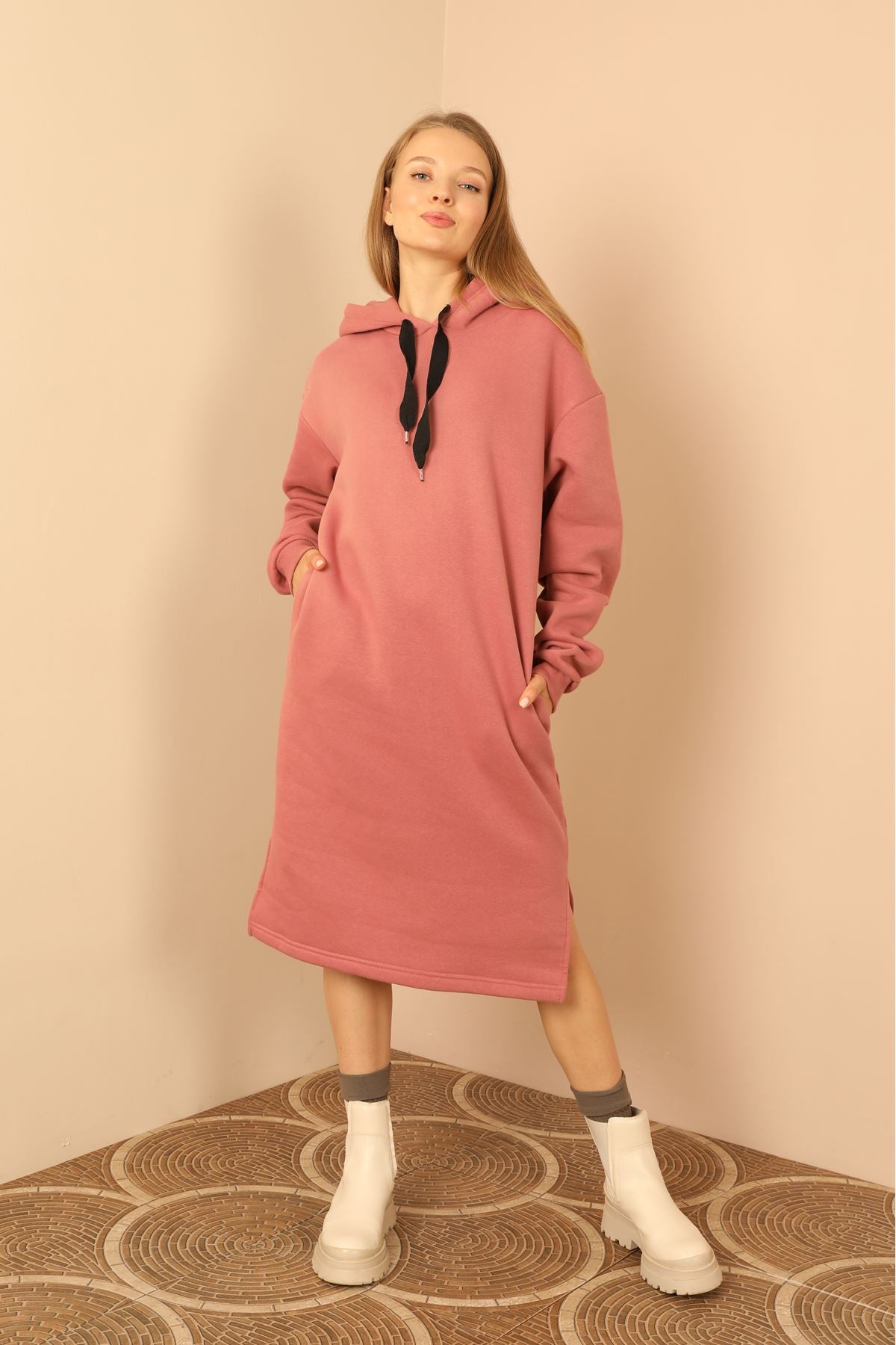 Raised 3 Thread Fabric Hooded Women's Dress-Dried Rose - STREETMODE ™
