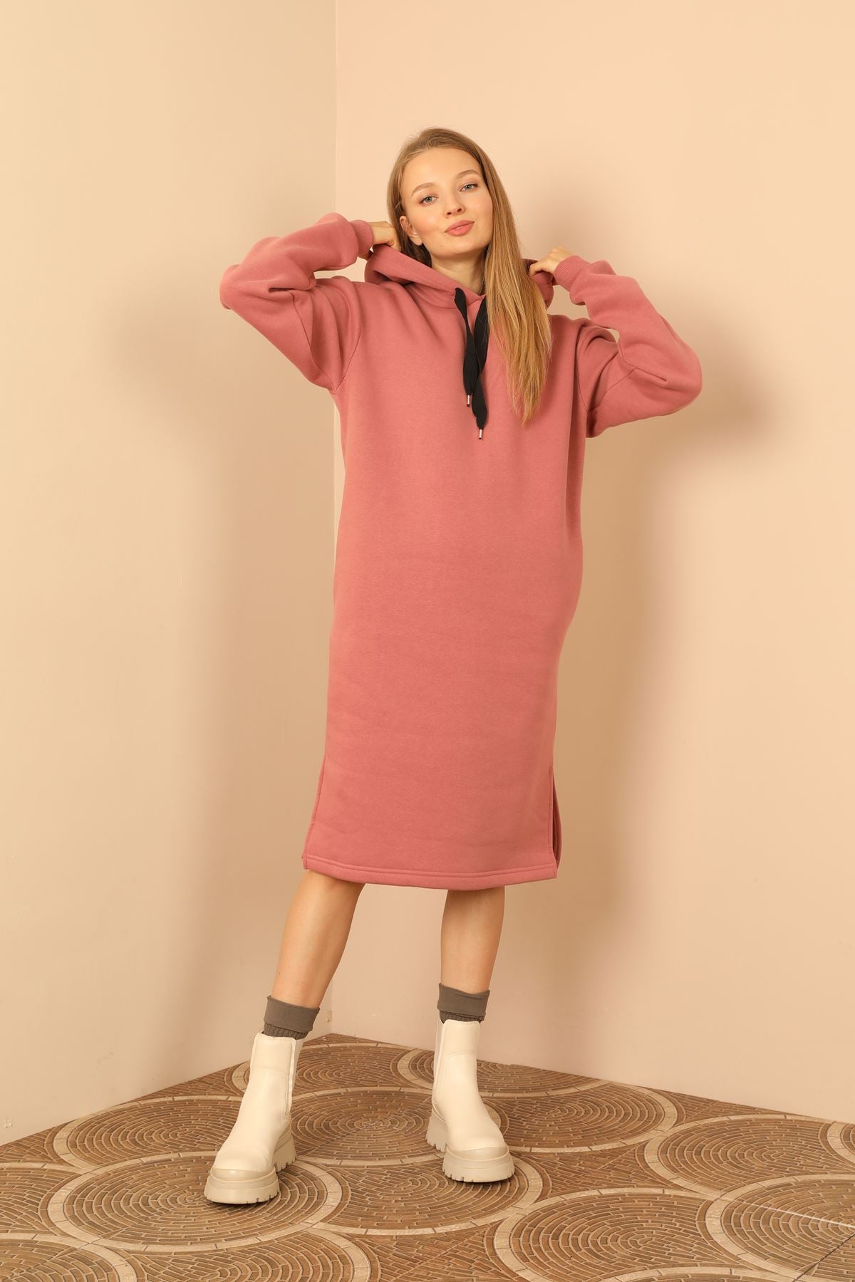Raised 3 Thread Fabric Hooded Women's Dress-Dried Rose - STREETMODE ™
