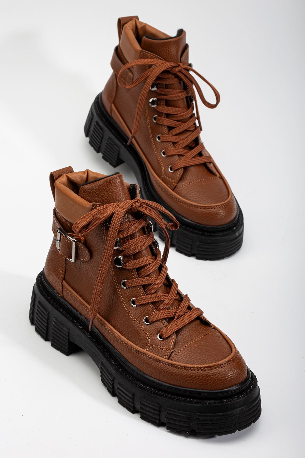 Brown Buckle Detail Lace-Up Women's Boots - STREETMODE ™