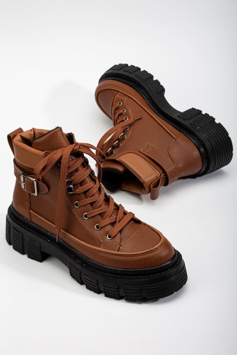 Brown Buckle Detail Lace-Up Women's Boots - STREETMODE ™