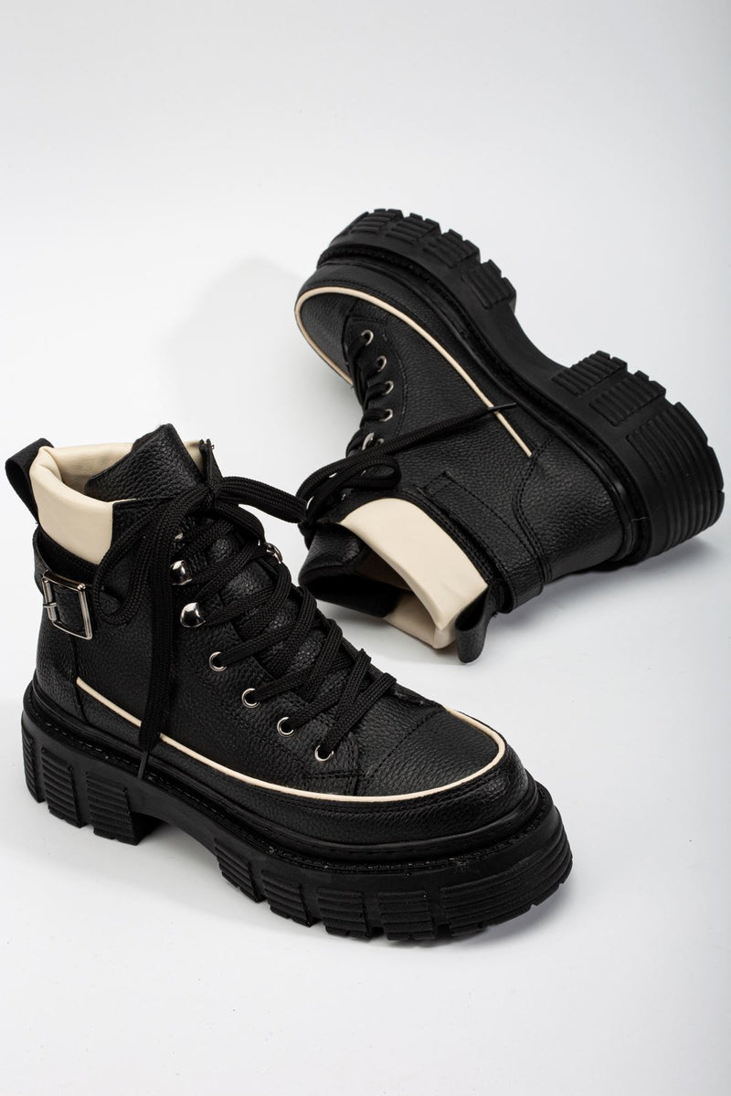 Black - Beige Buckle Detail Lace-Up Women's Boots - STREETMODE ™