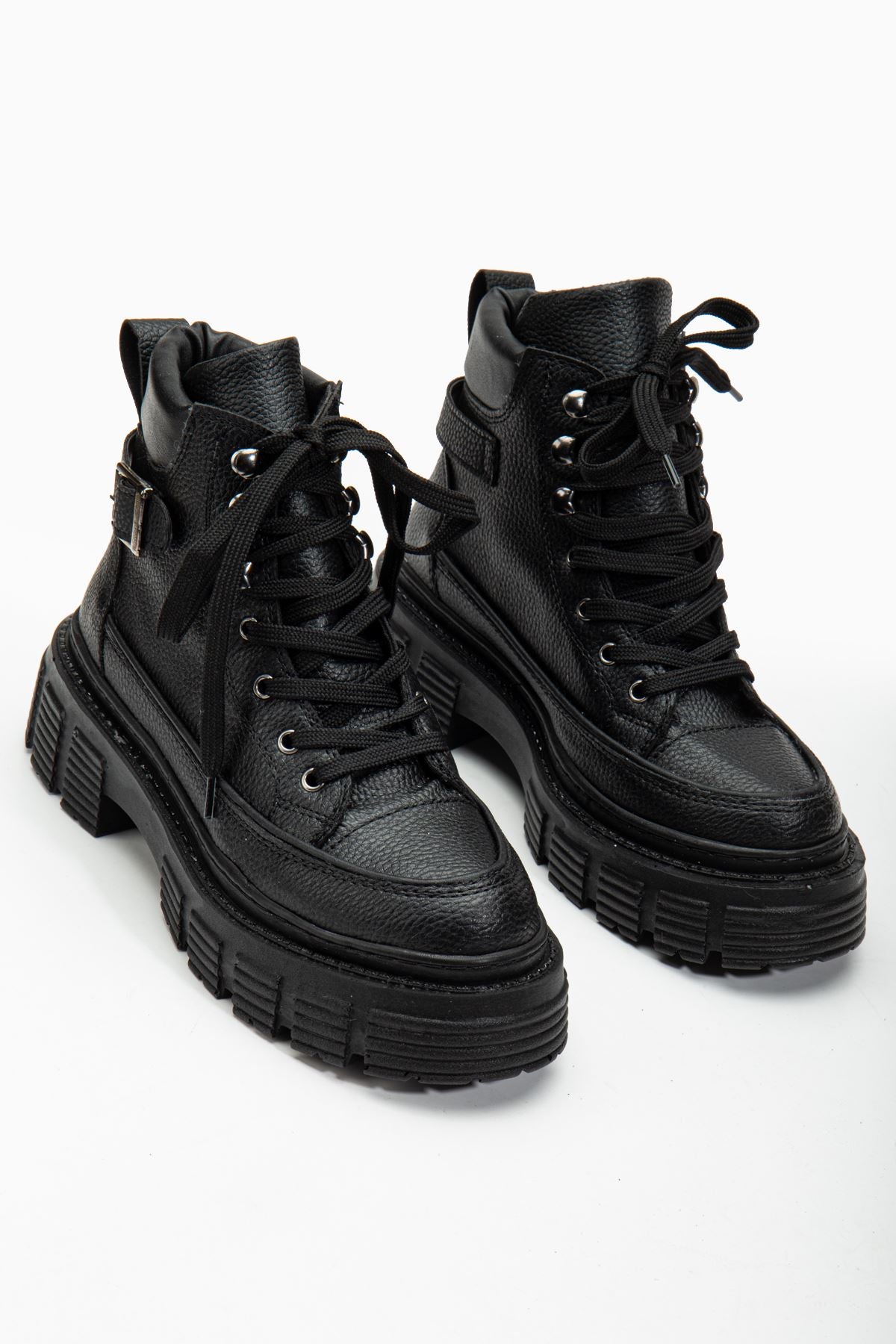 Black Leather Buckle Detail Lace-Up Women's Boots - STREETMODE ™