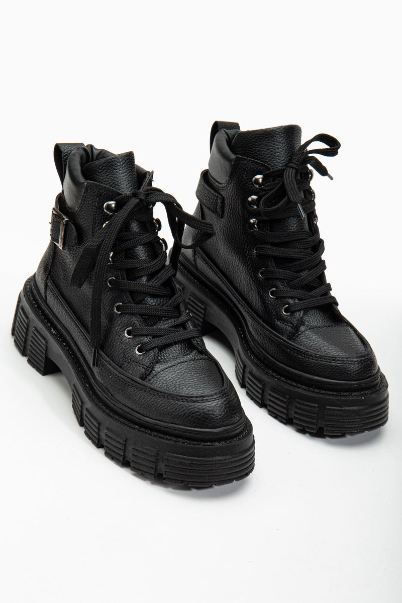Black Leather Buckle Detail Lace-Up Women's Boots - STREETMODE ™