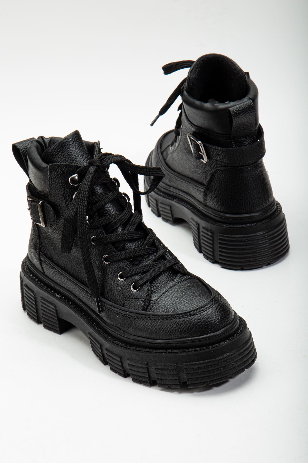 Black Leather Buckle Detail Lace-Up Women's Boots - STREETMODE ™