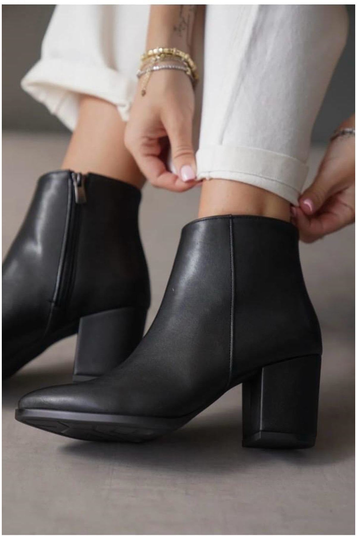 Black Heeled Zippered Leather Women's Pointed Boots - STREETMODE ™