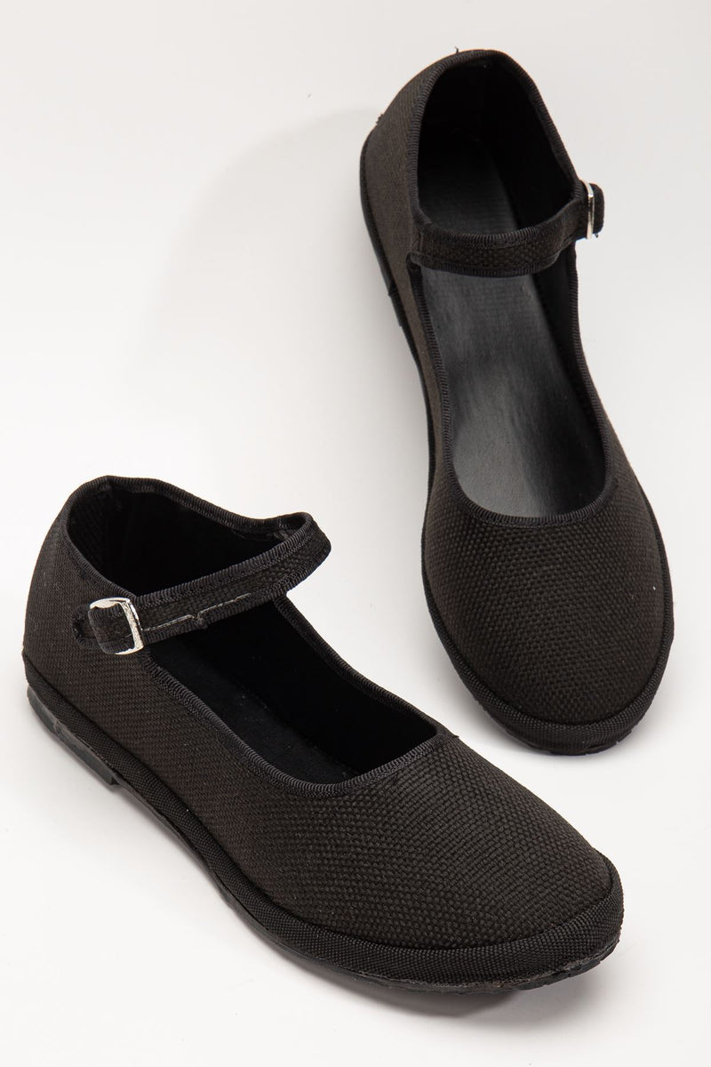 Black Linen Buckle Detailed Flat Sole Women's Ballerinas - STREETMODE ™
