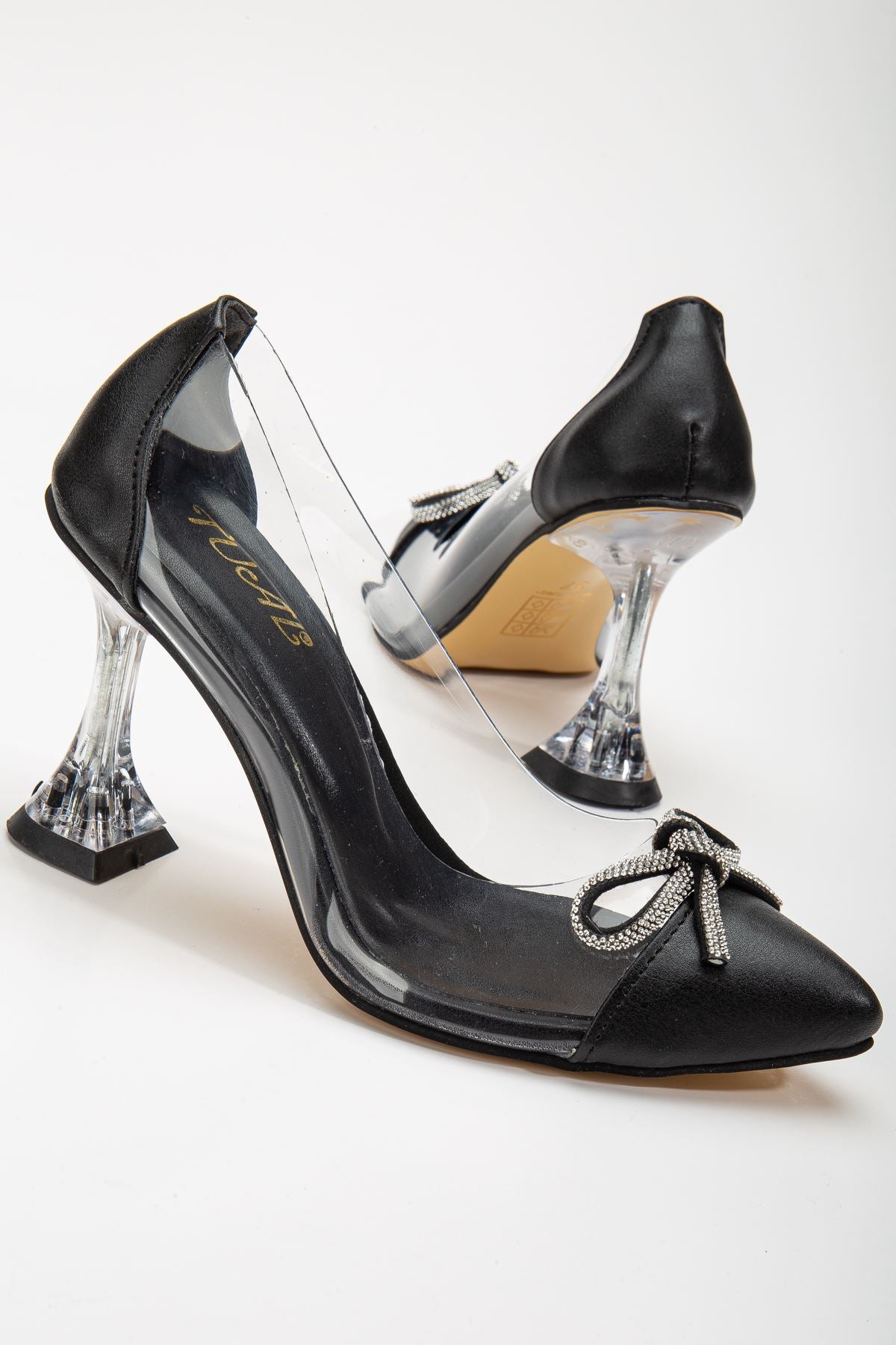 Women's Black Stiletto Stone Skin Transparent Heeled Shoes - STREETMODE ™