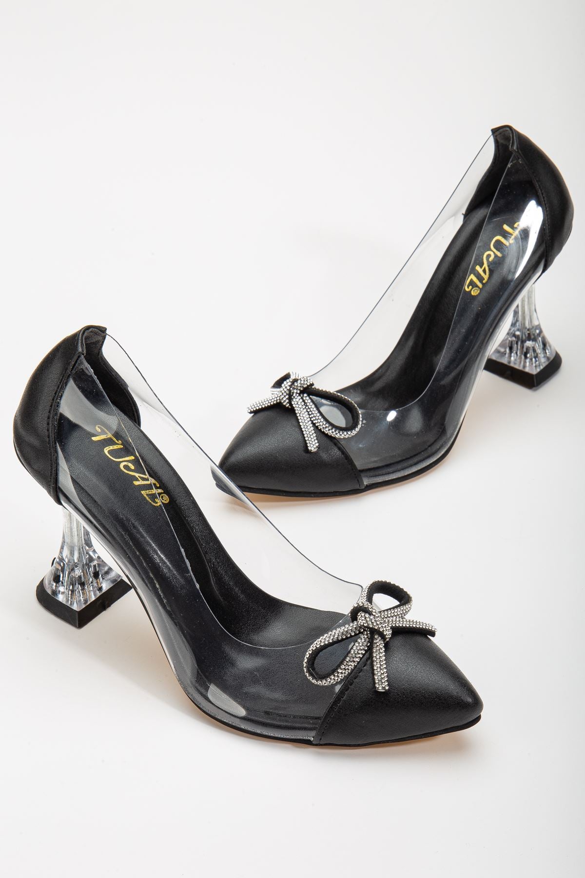 Women's Black Stiletto Stone Skin Transparent Heeled Shoes - STREETMODE ™