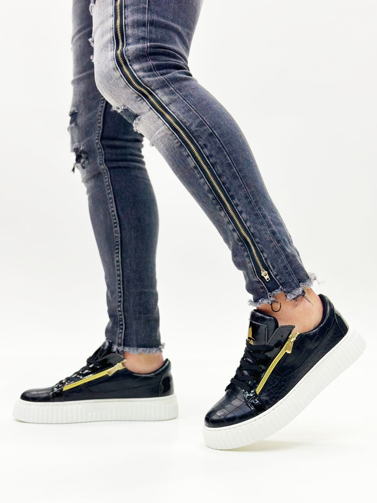 SNR-308 BOA Thick High Sole Double Zipper Black White Men's Sneakers Shoes - STREETMODE ™