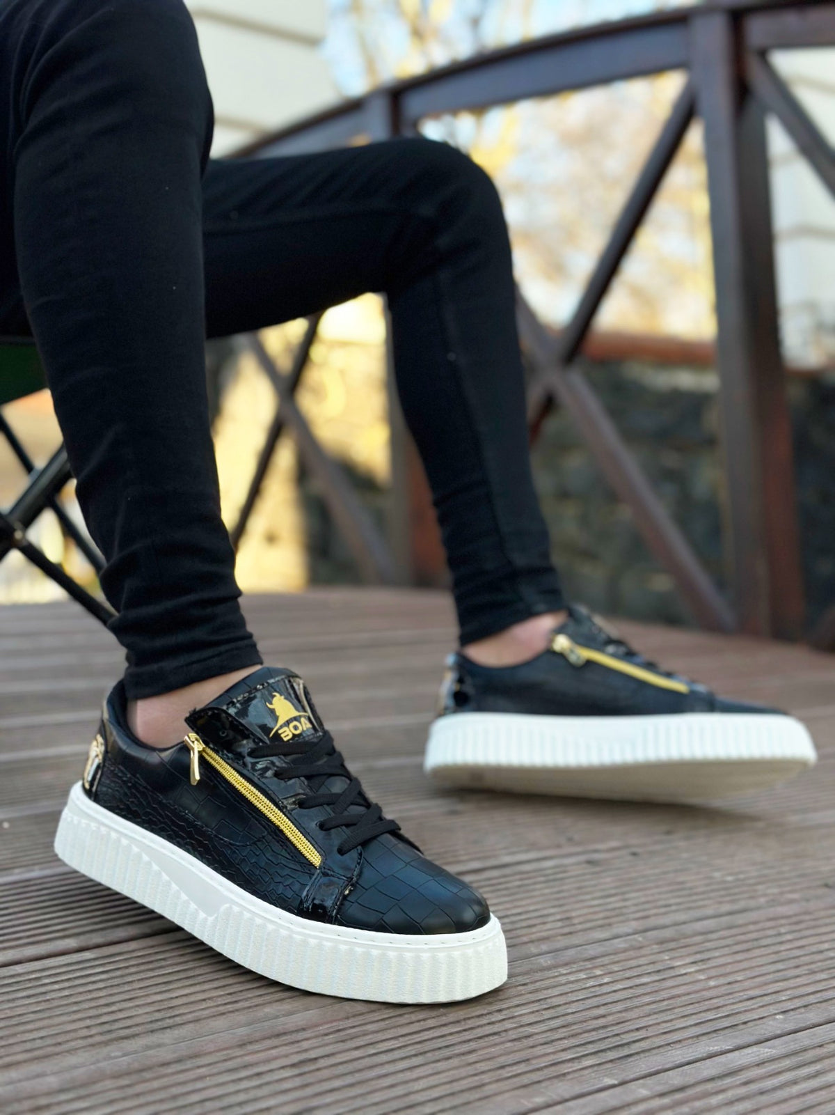 SNR-308 BOA Thick High Sole Double Zipper Black White Men's Sneakers Shoes - STREETMODE ™