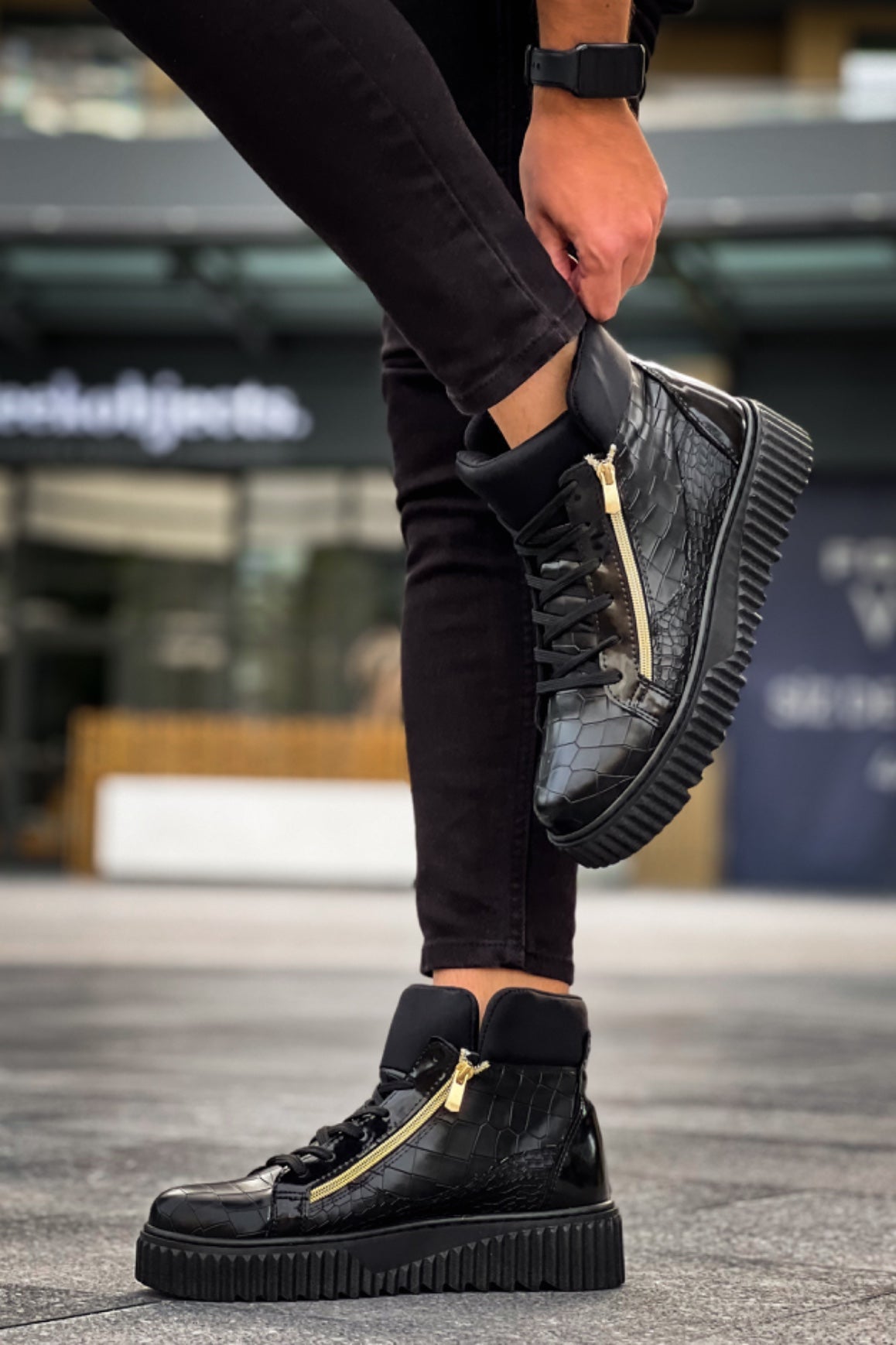 SNR-512 Thick High Black Sole Double Zipper Black Men's Sports Boots - STREETMODE ™