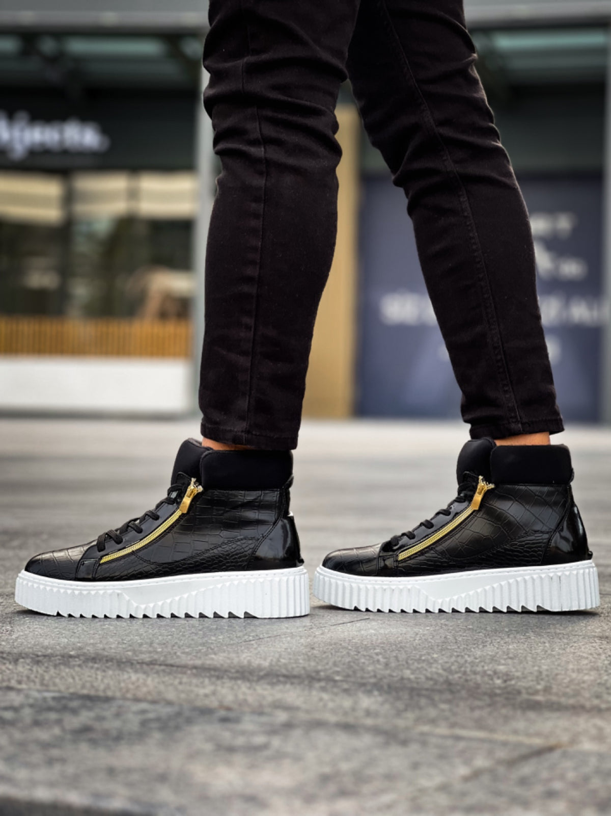 SNR-512 Thick High Sole Double Zipper Black Men's Sports Boots - STREETMODE ™