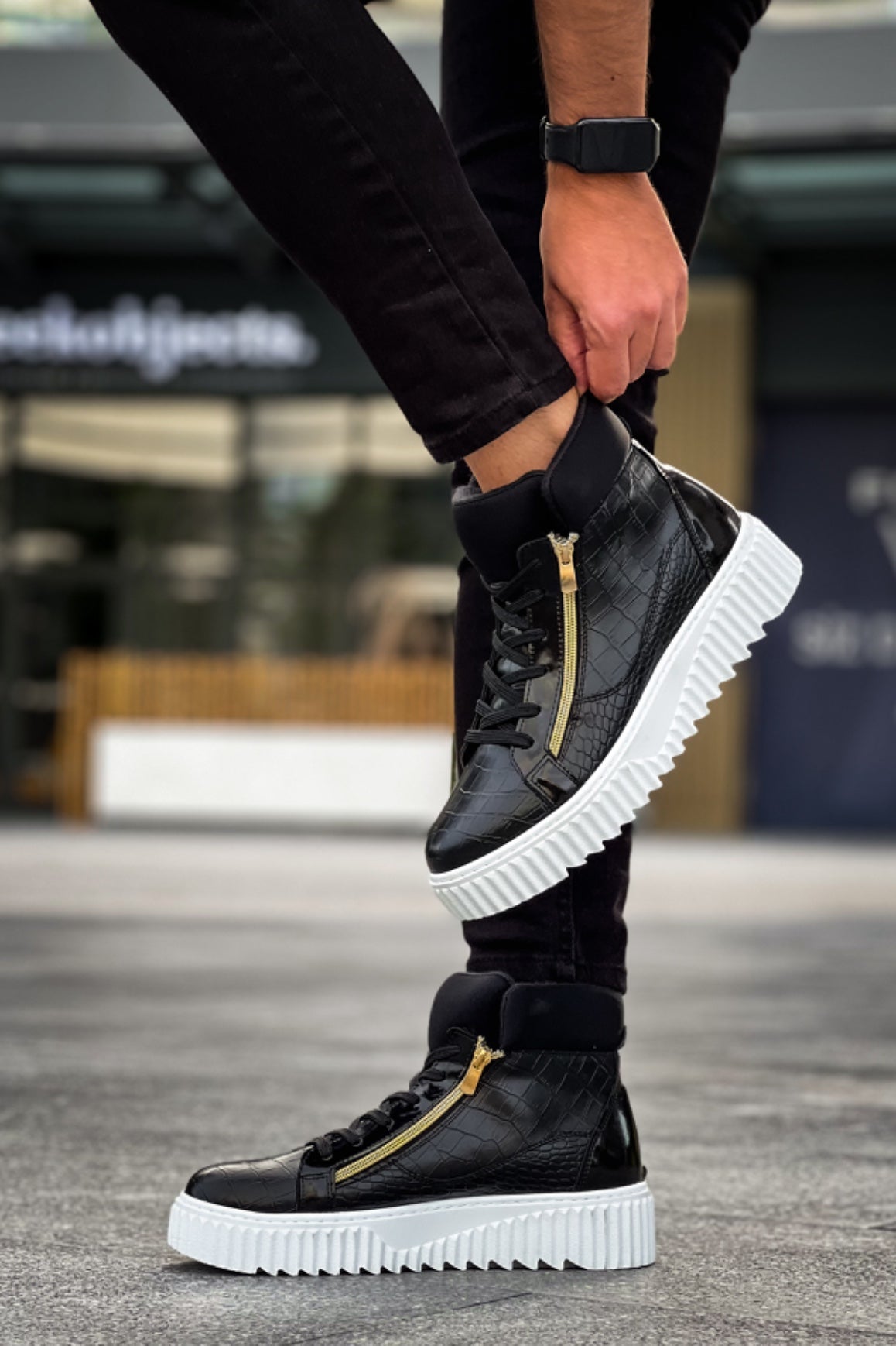 SNR-512 Thick High Sole Double Zipper Black Men's Sports Boots - STREETMODE ™