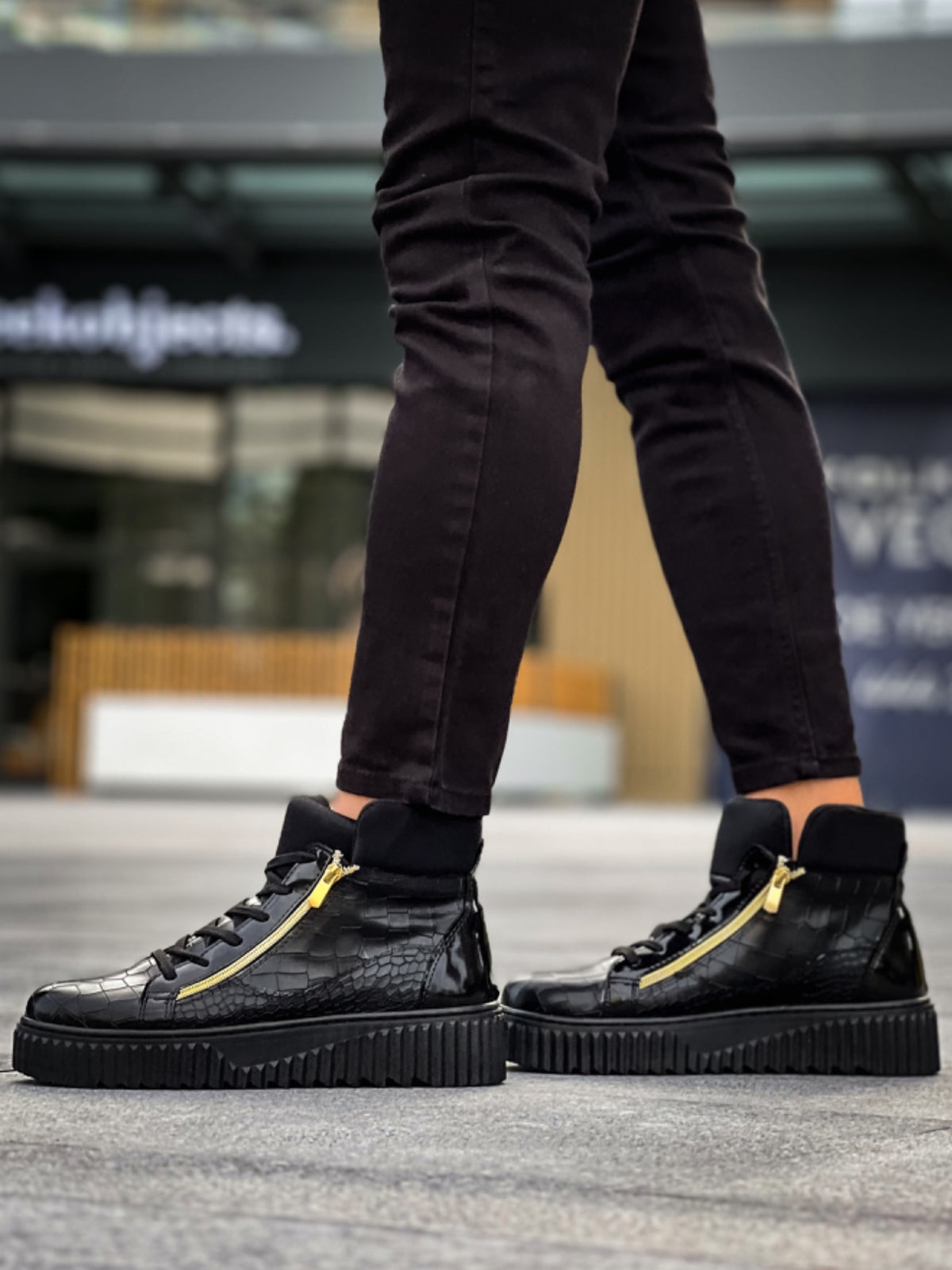 SNR-512 Thick High Black Sole Double Zipper Black Men's Sports Boots - STREETMODE ™