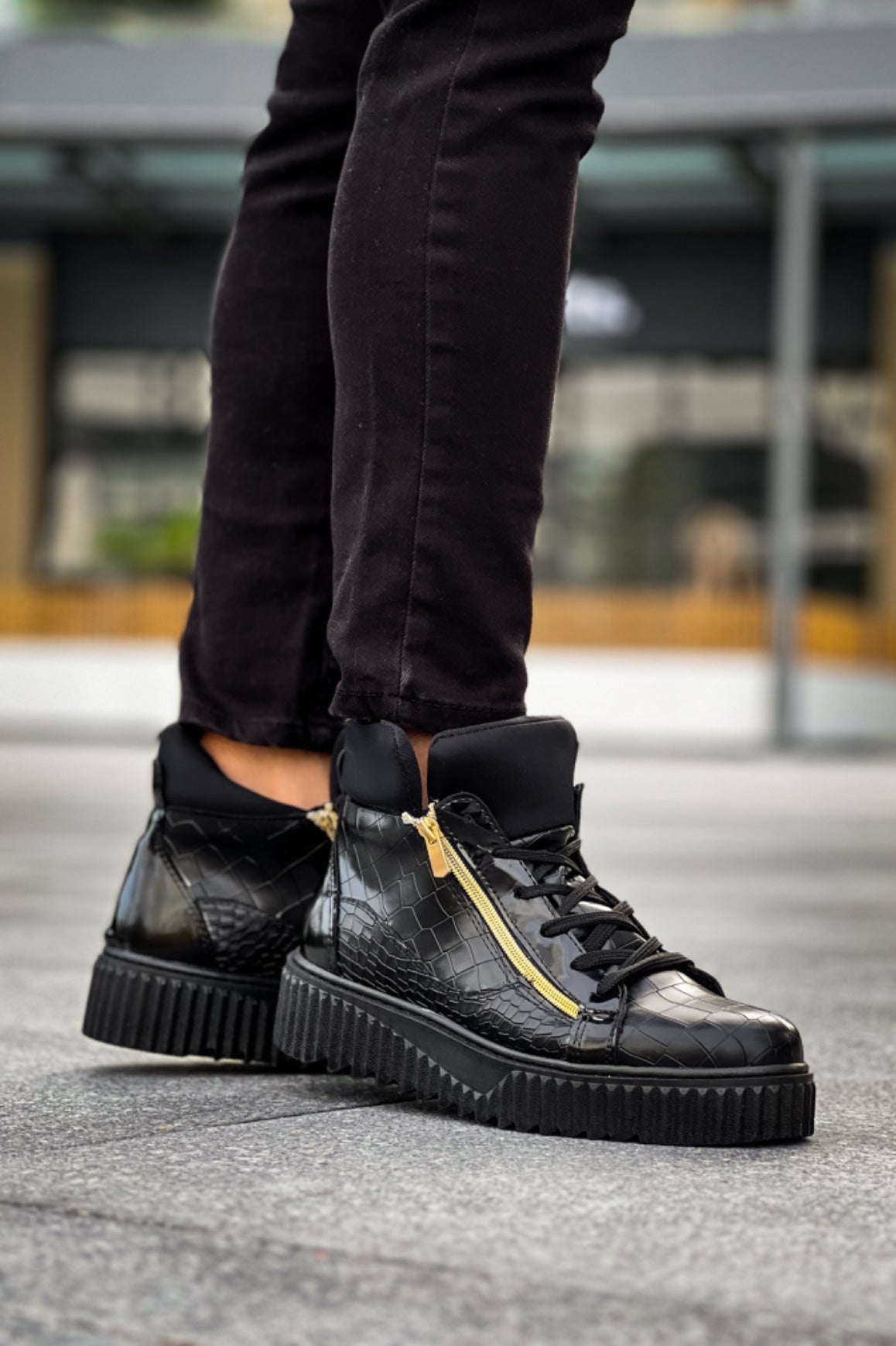 SNR-512 Thick High Black Sole Double Zipper Black Men's Sports Boots - STREETMODE ™