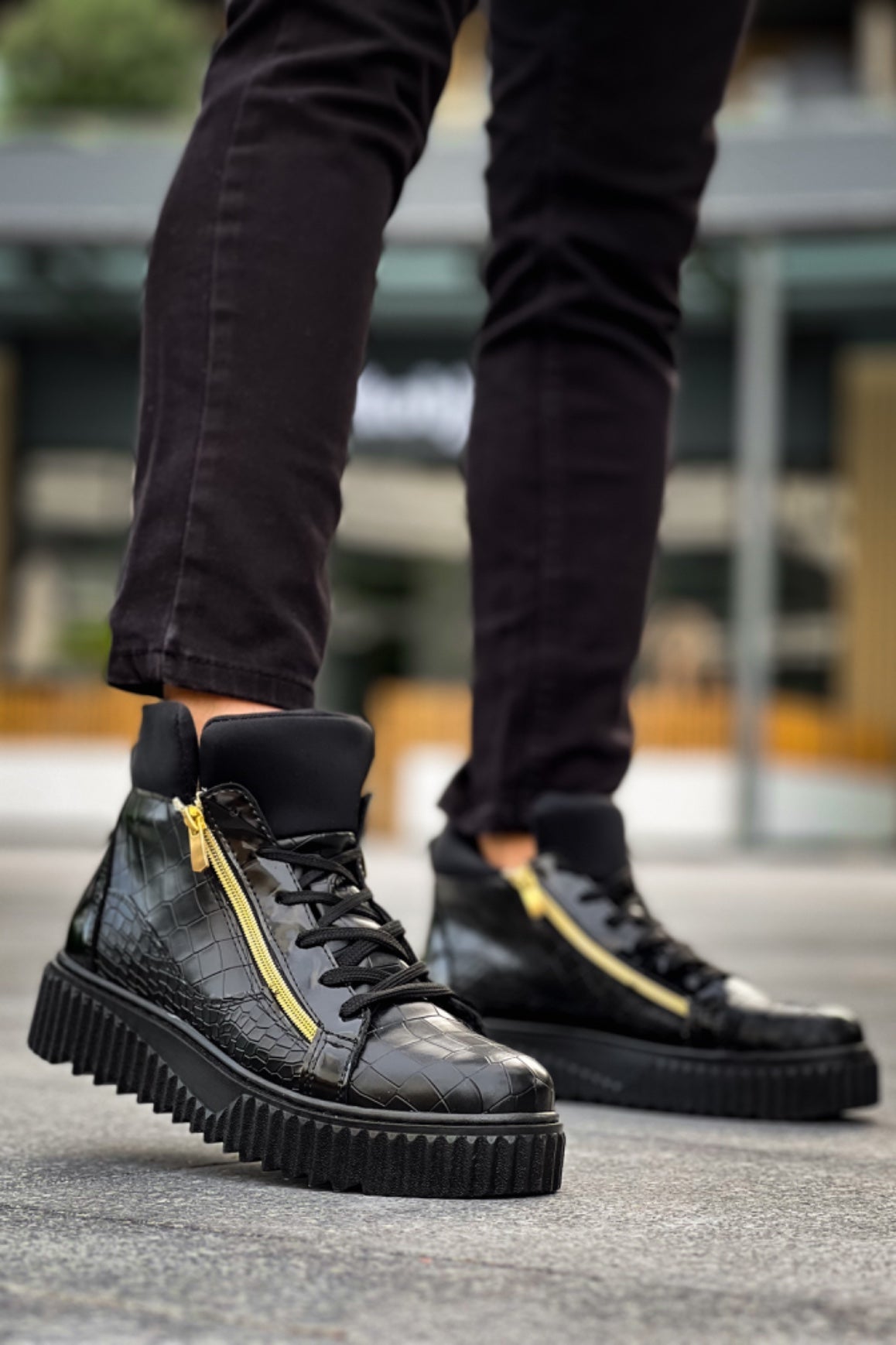 SNR-512 Thick High Black Sole Double Zipper Black Men's Sports Boots - STREETMODE ™