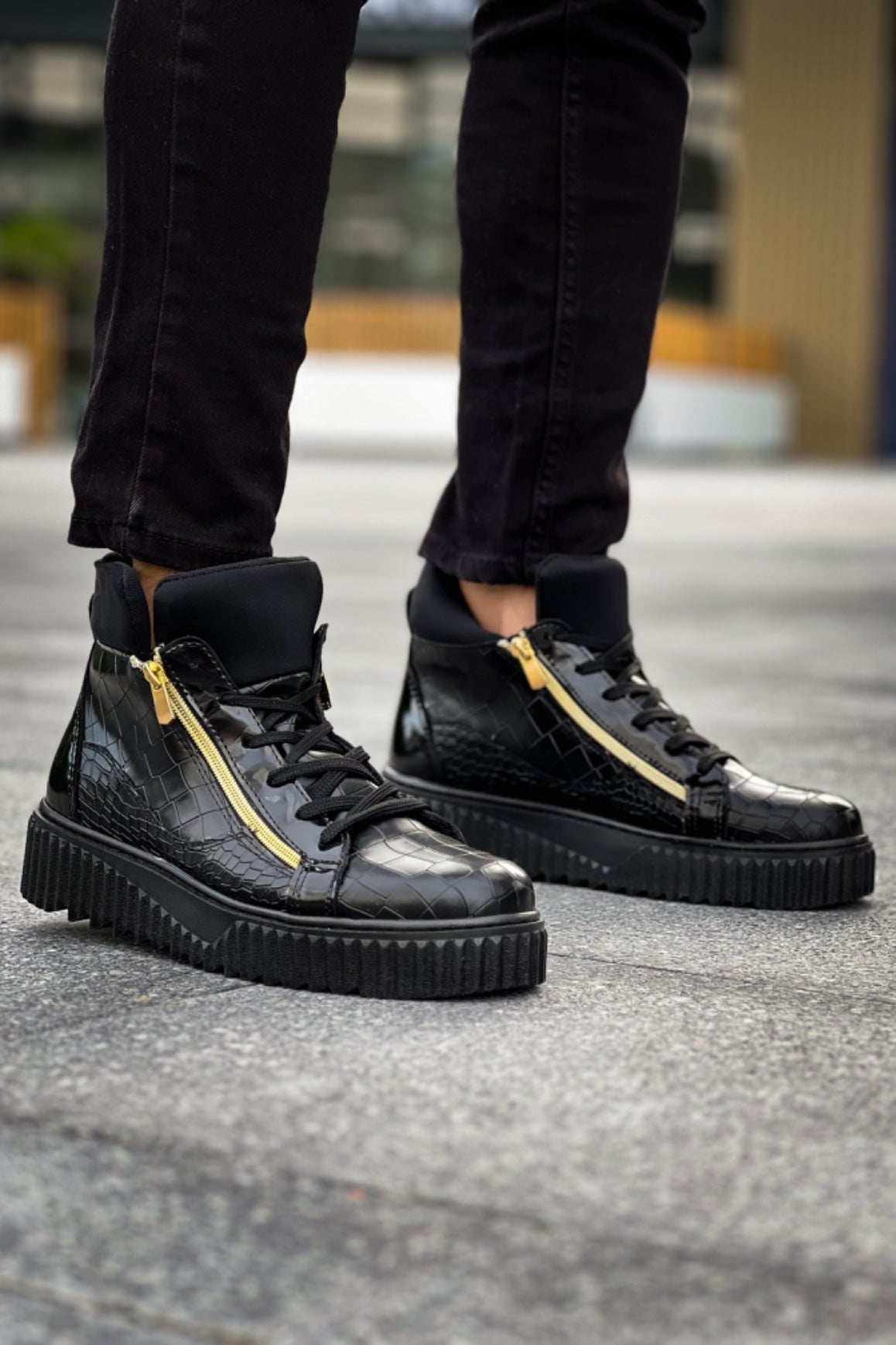 SNR-512 Thick High Black Sole Double Zipper Black Men's Sports Boots - STREETMODE ™