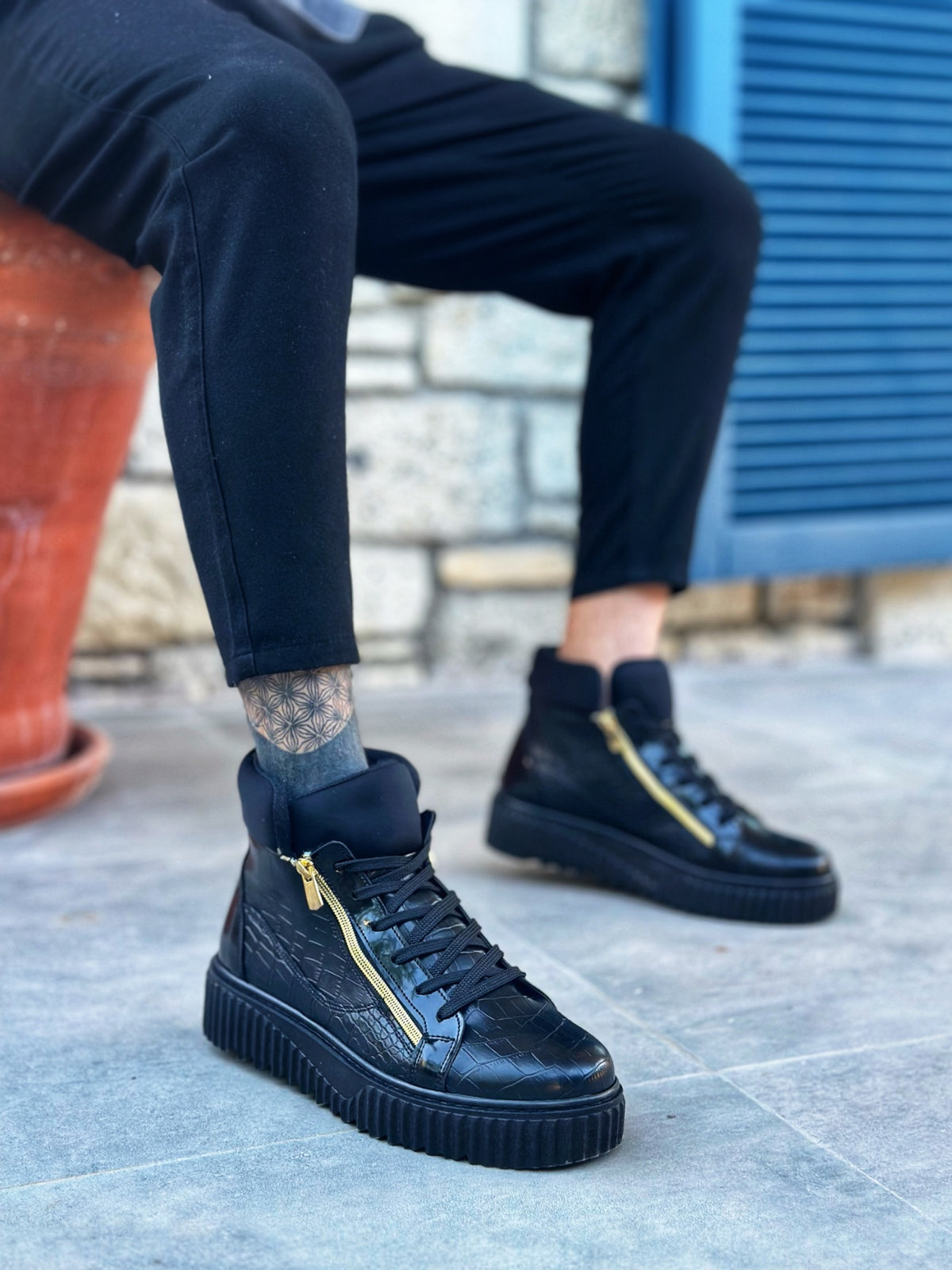 SNR-512 Thick High Black Sole Double Zipper Black Men's Sports Boots - STREETMODE ™