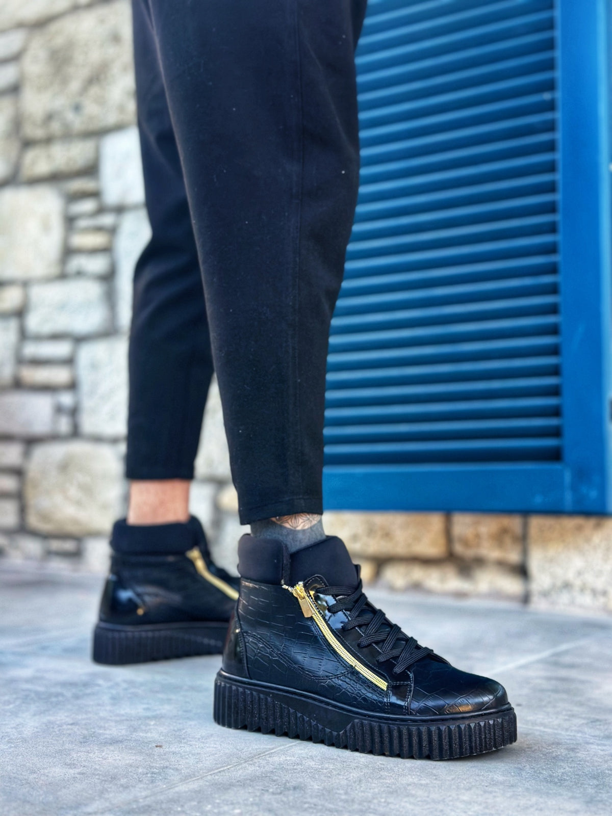 SNR-512 Thick High Black Sole Double Zipper Black Men's Sports Boots - STREETMODE ™