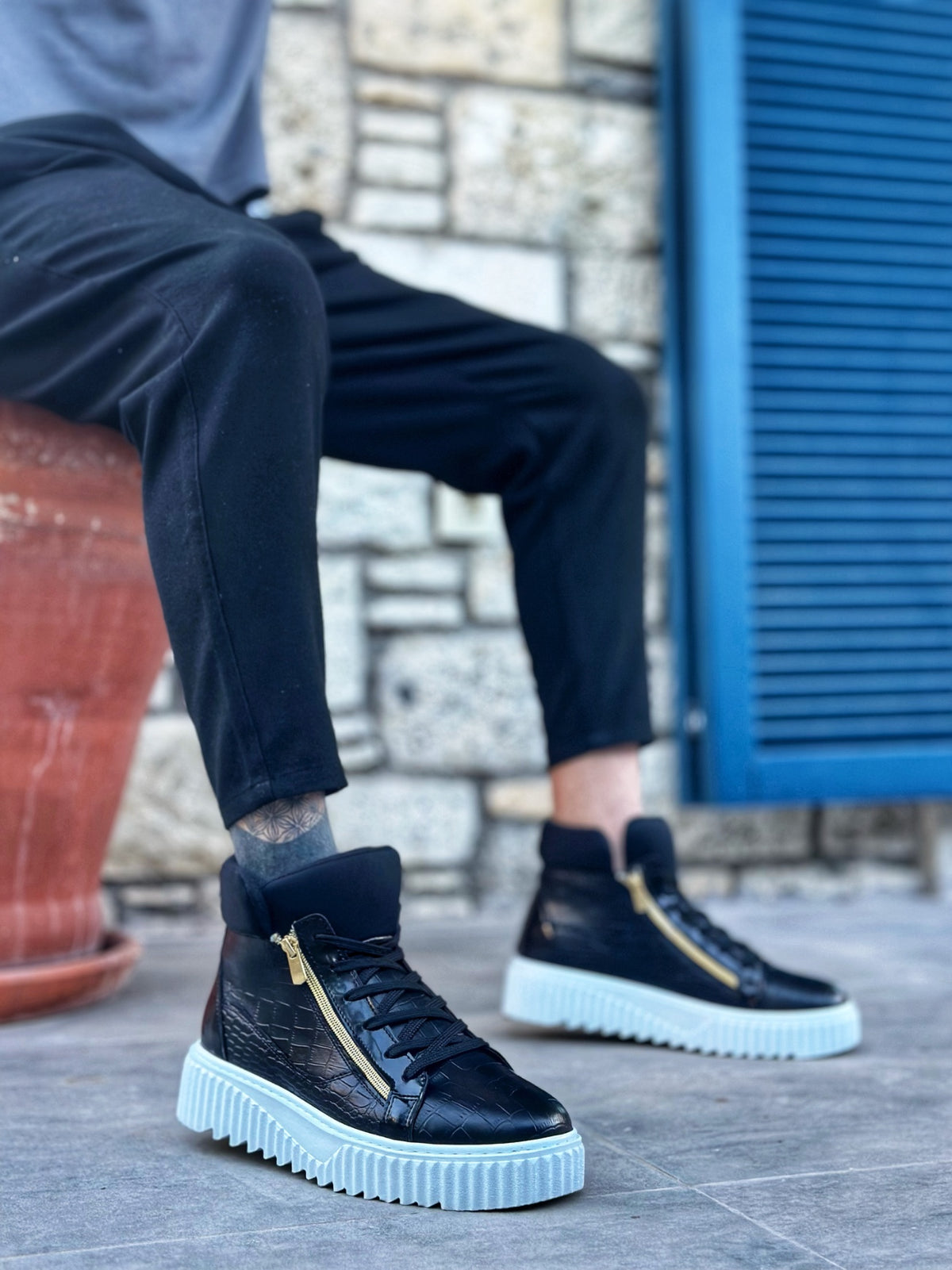 SNR-512 Thick High Sole Double Zipper Black Men's Sports Boots - STREETMODE ™