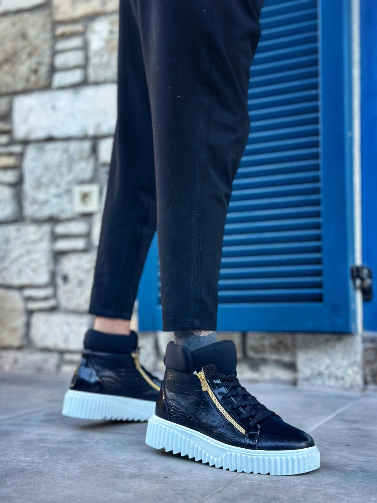 SNR-512 Thick High Sole Double Zipper Black Men's Sports Boots - STREETMODE ™