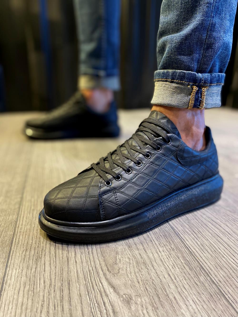 STM Men's High Sole Casual sneakers Shoes 044 QUILTED Black (Black Sole) - STREETMODE ™