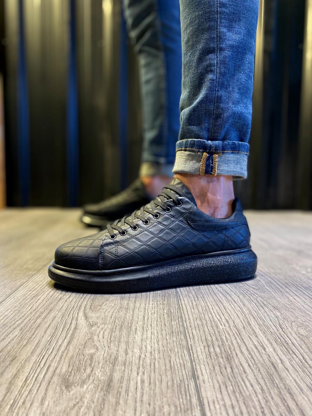 STM Men's High Sole Casual sneakers Shoes 044 QUILTED Black (Black Sole) - STREETMODE ™