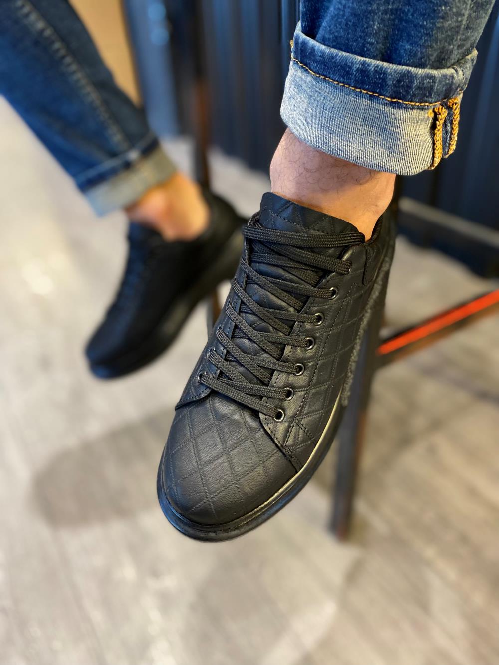STM Men's High Sole Casual sneakers Shoes 044 QUILTED Black (Black Sole) - STREETMODE ™