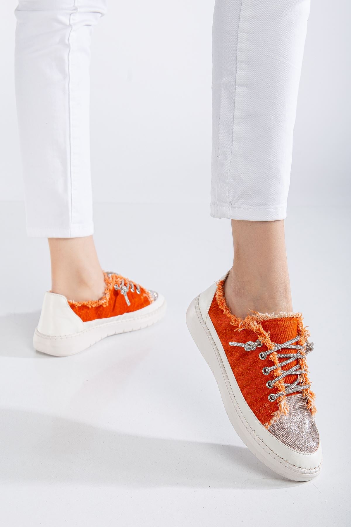 Stoned Flat Sole Women's Orange Denim Sneakers - STREETMODE ™