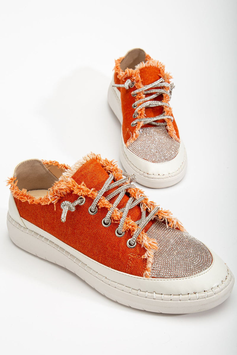 Stoned Flat Sole Women's Orange Denim Sneakers - STREETMODE ™