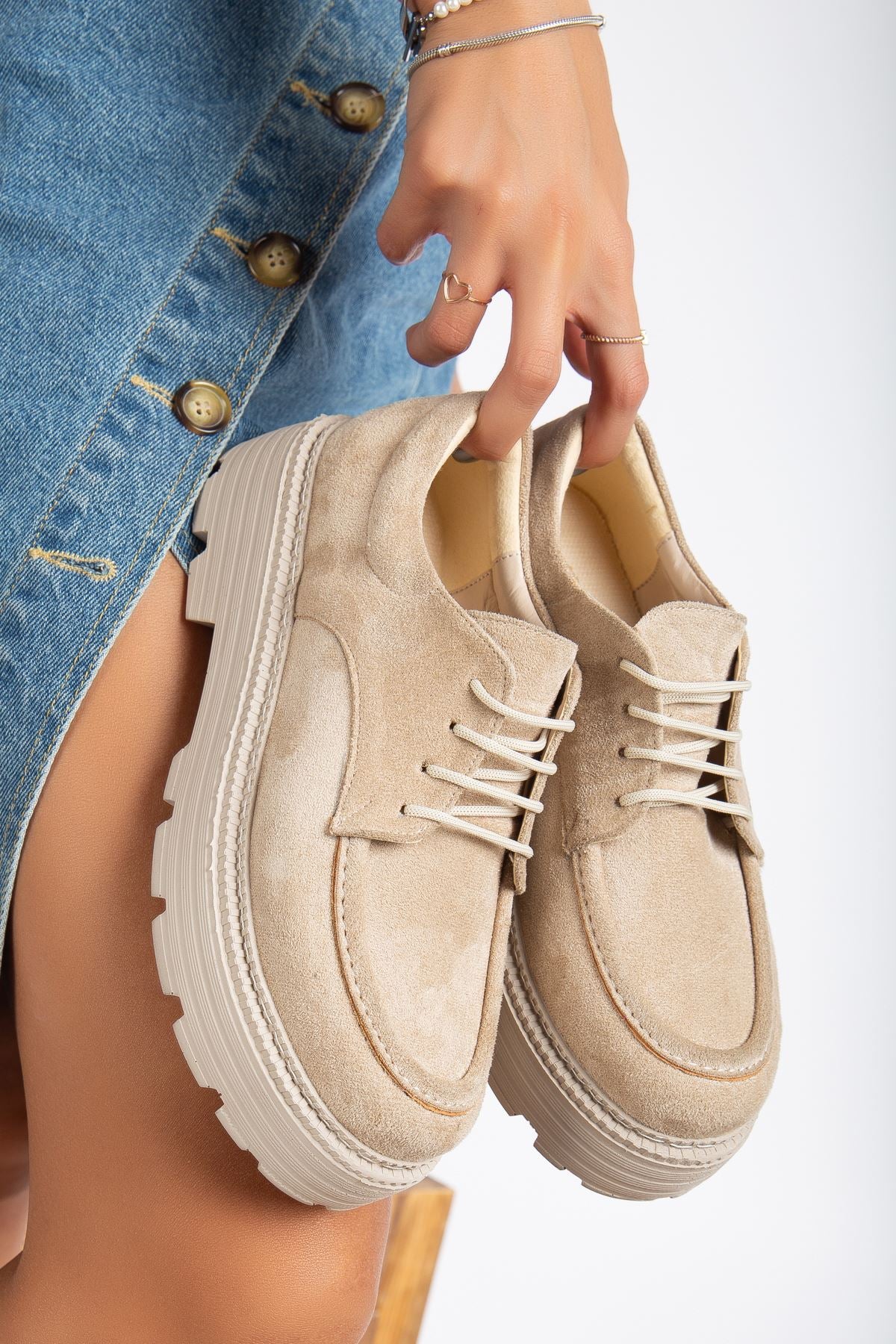 Lace Detailed Beige Suede Women's Stylish Casual Shoes - STREETMODE ™