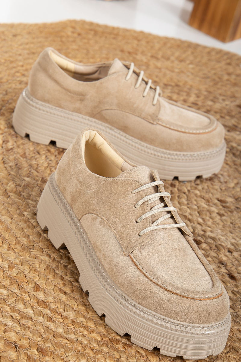 Lace Detailed Beige Suede Women's Stylish Casual Shoes - STREETMODE ™
