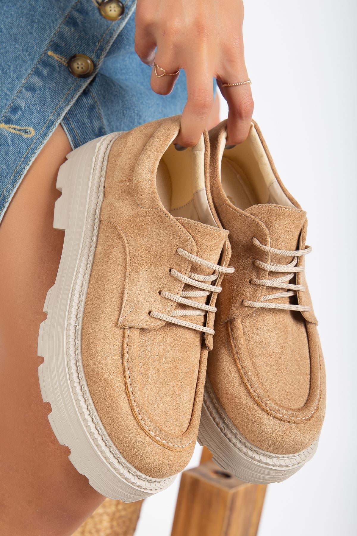 Lace Detailed Nude Suede Women's Stylish Casual Shoes - STREETMODE ™