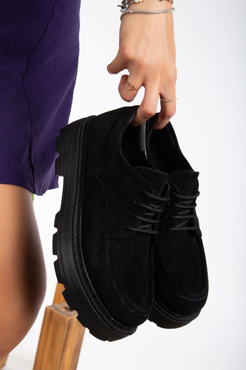 Lace Detailed Black Suede Women's Stylish Casual Shoes - STREETMODE ™