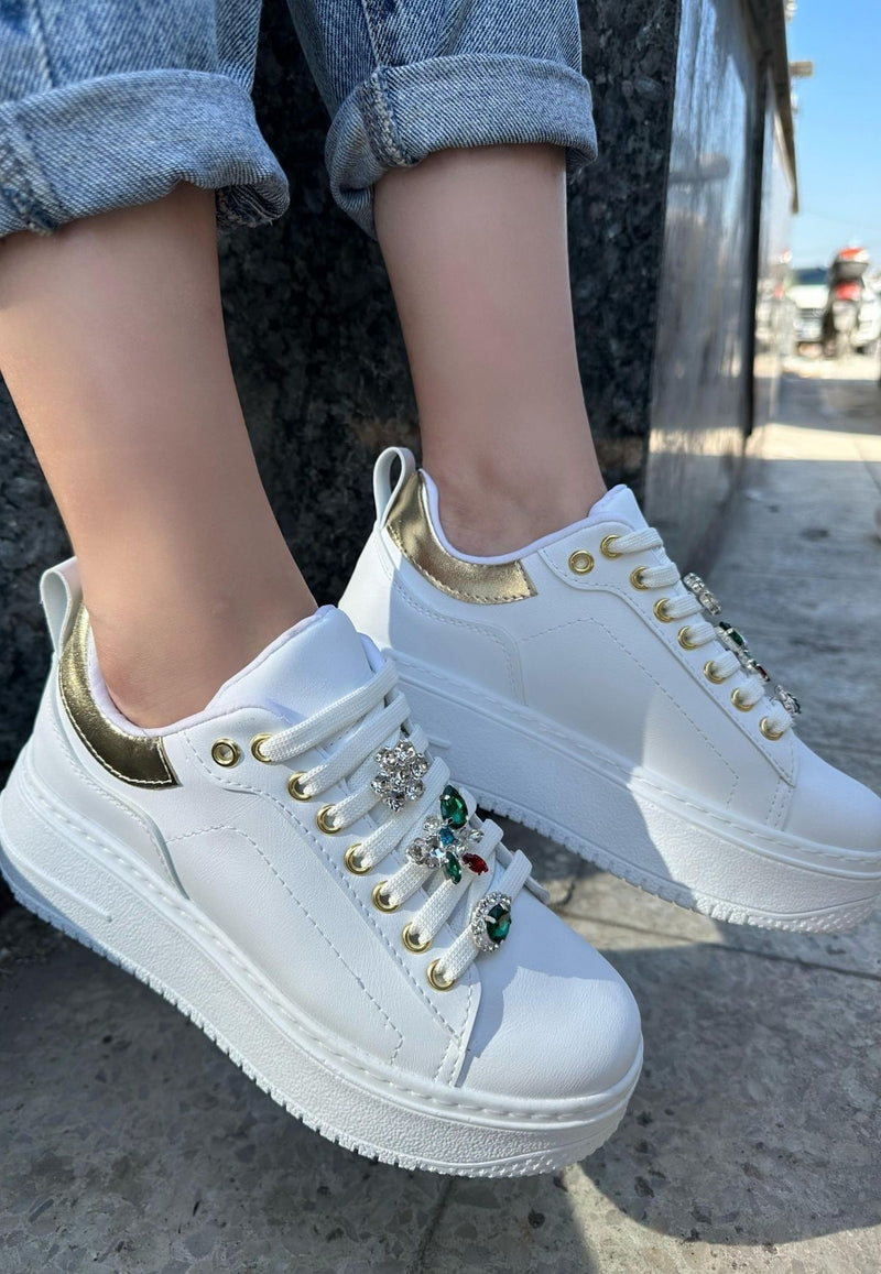 Women's Tenyo White Leather Stone Laced Sports Shoes - STREETMODE ™