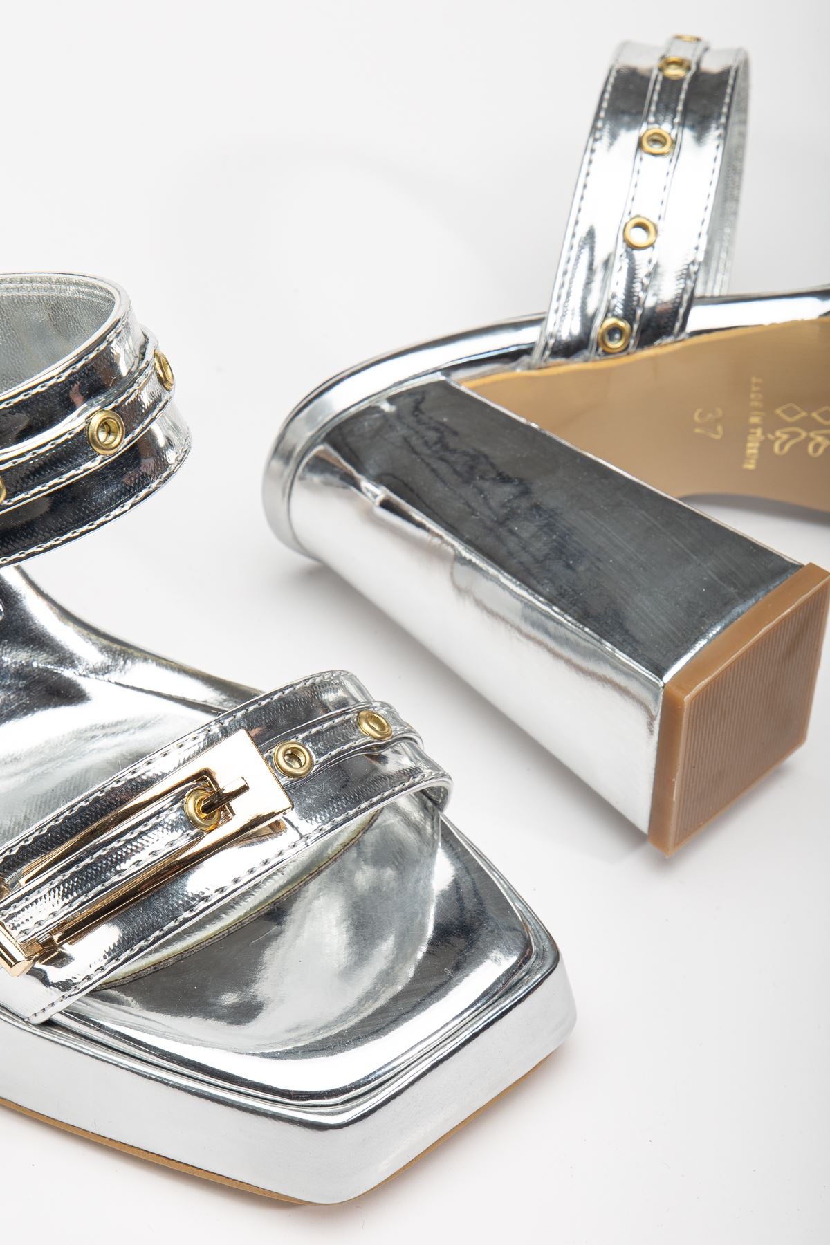 Women's Silver Patent Leather Platform Open Toe Thick Heel Shoes - STREETMODE ™