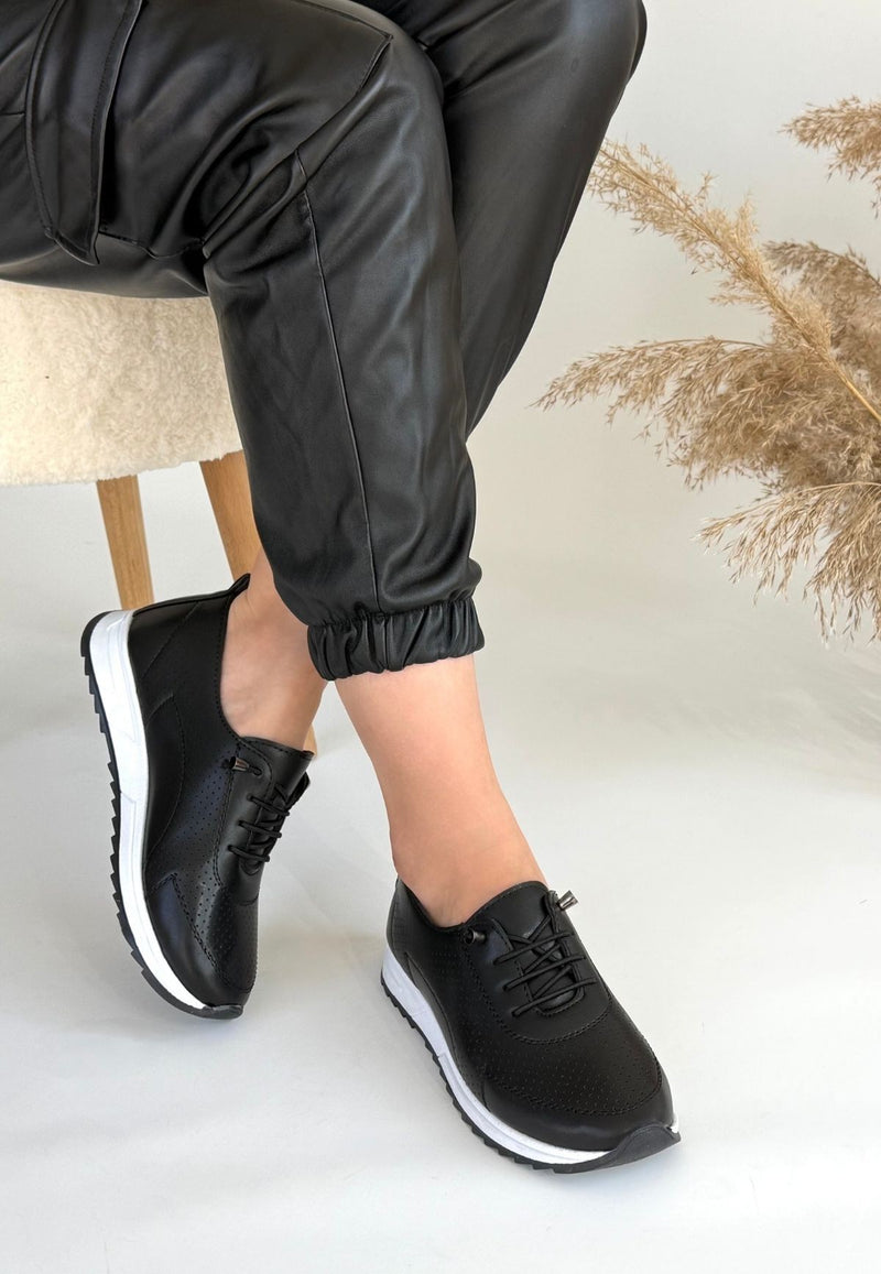 Women's Black Leather Lace-Up Sneakers - STREETMODE ™