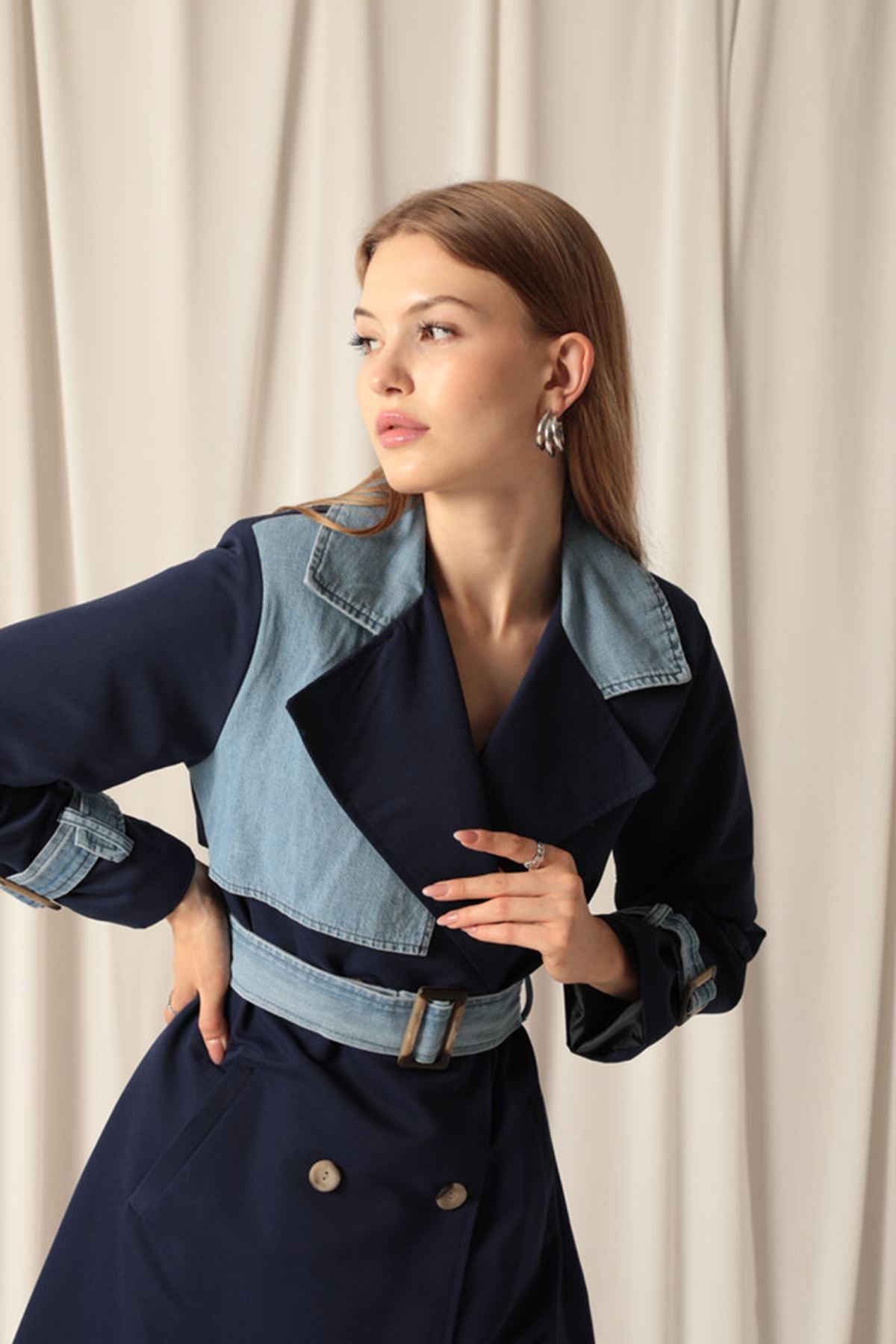 Torino Fabric Women's Navy Blue Trench Coat - STREETMODE ™